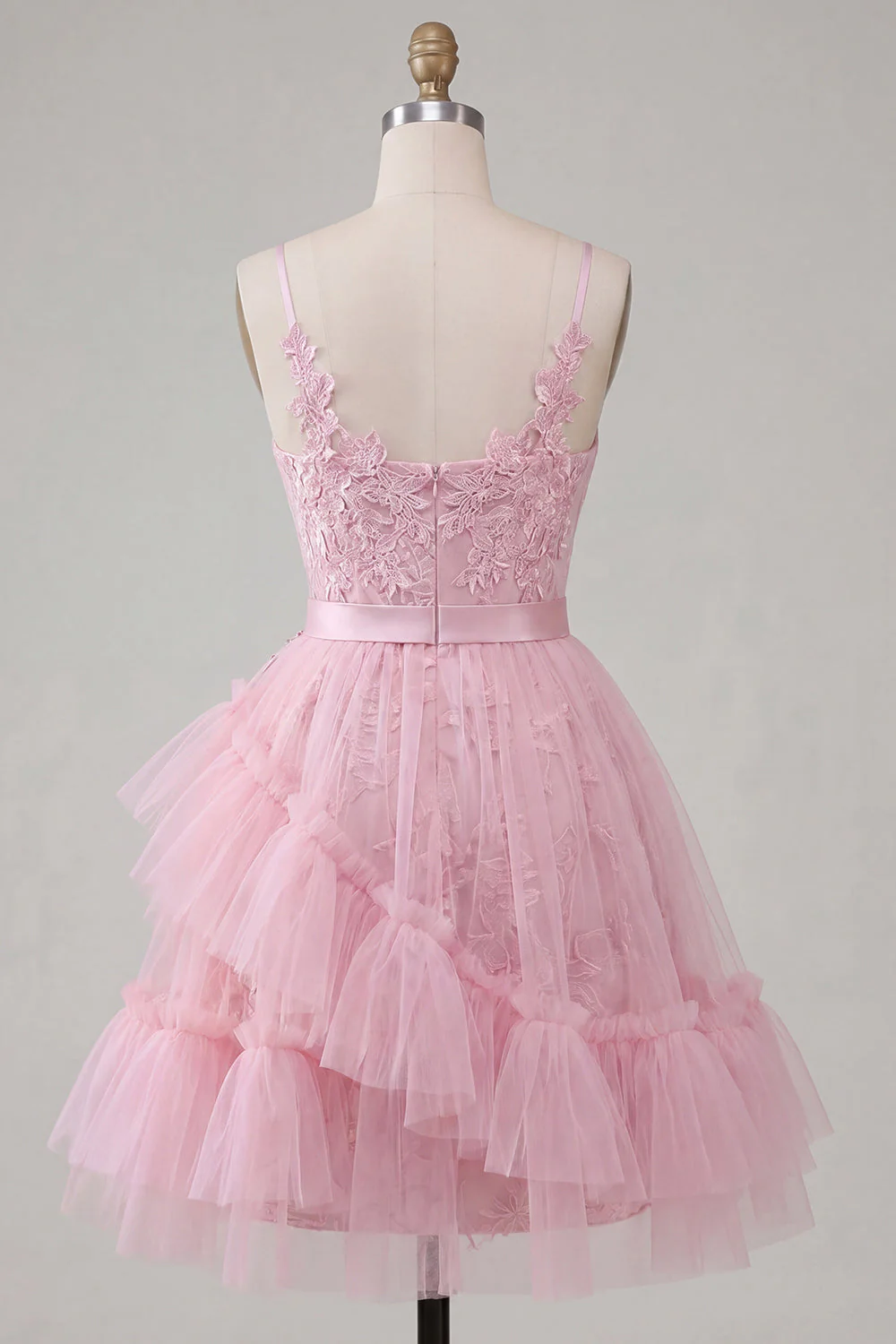 Robe de rentrée à la maison à bretelles fines rose rose A-Line avec volants - Image 2