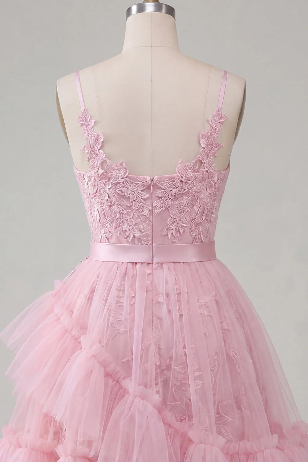 Robe de rentrée à la maison à bretelles fines rose rose A-Line avec volants - Image 6