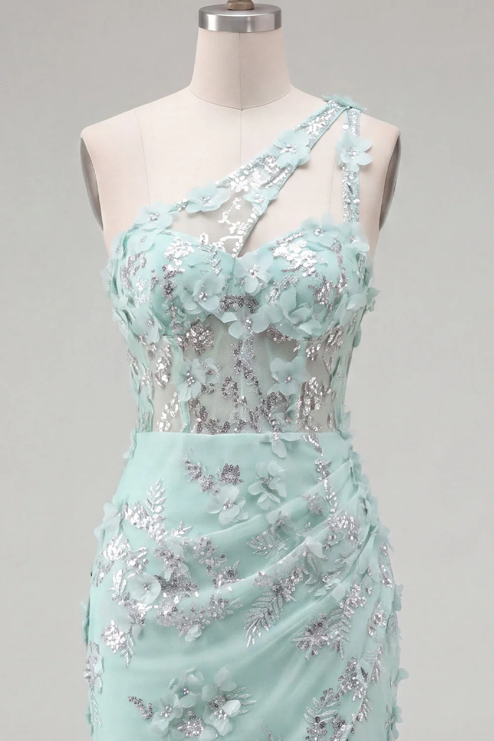 Robe de rentrée à la maison à la maison à la menthe corset à une épaule fleurielée appliquée avec fente - Image 6
