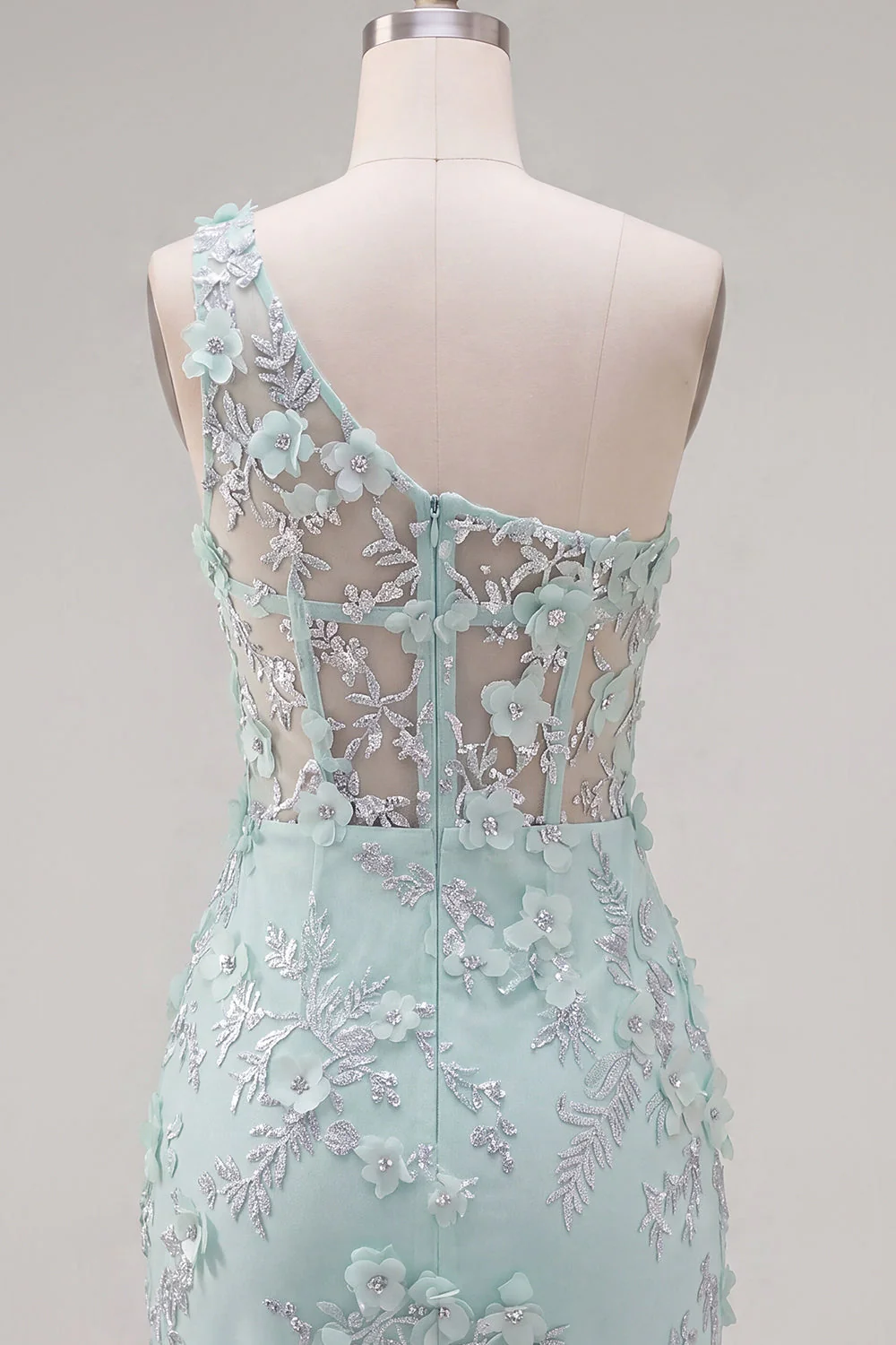 Robe de rentrée à la maison à la maison à la menthe corset à une épaule fleurielée appliquée avec fente - Image 7