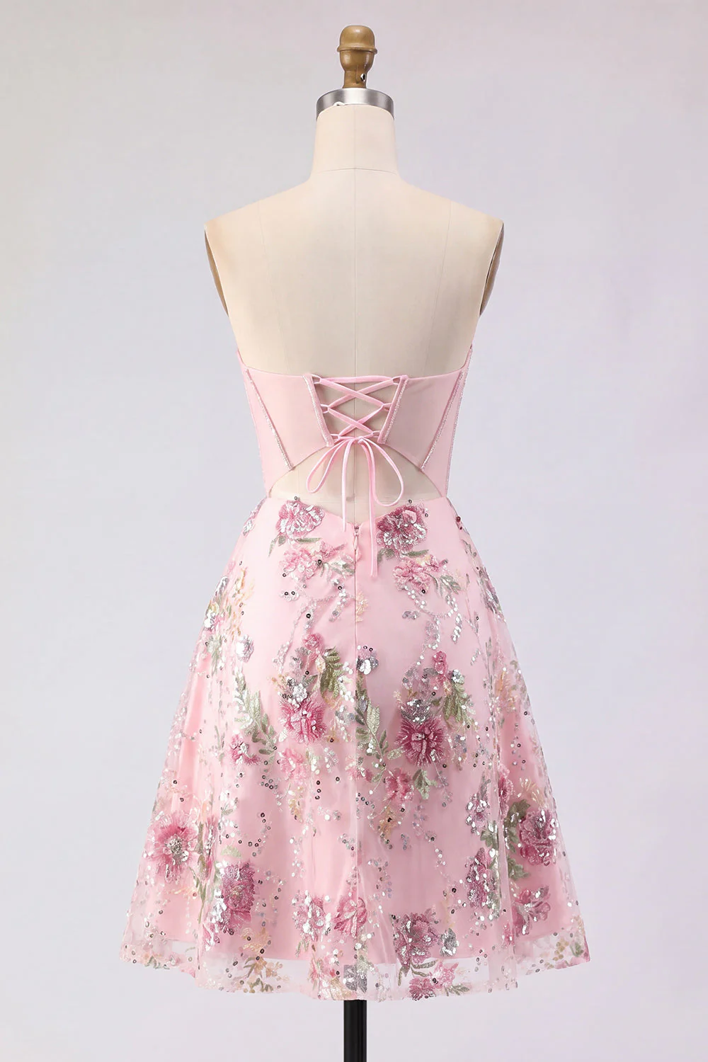 Robe de rentrée à la maison A-Line rose Sweetheart Twin transparente en corset transparent à sequins - Image 2