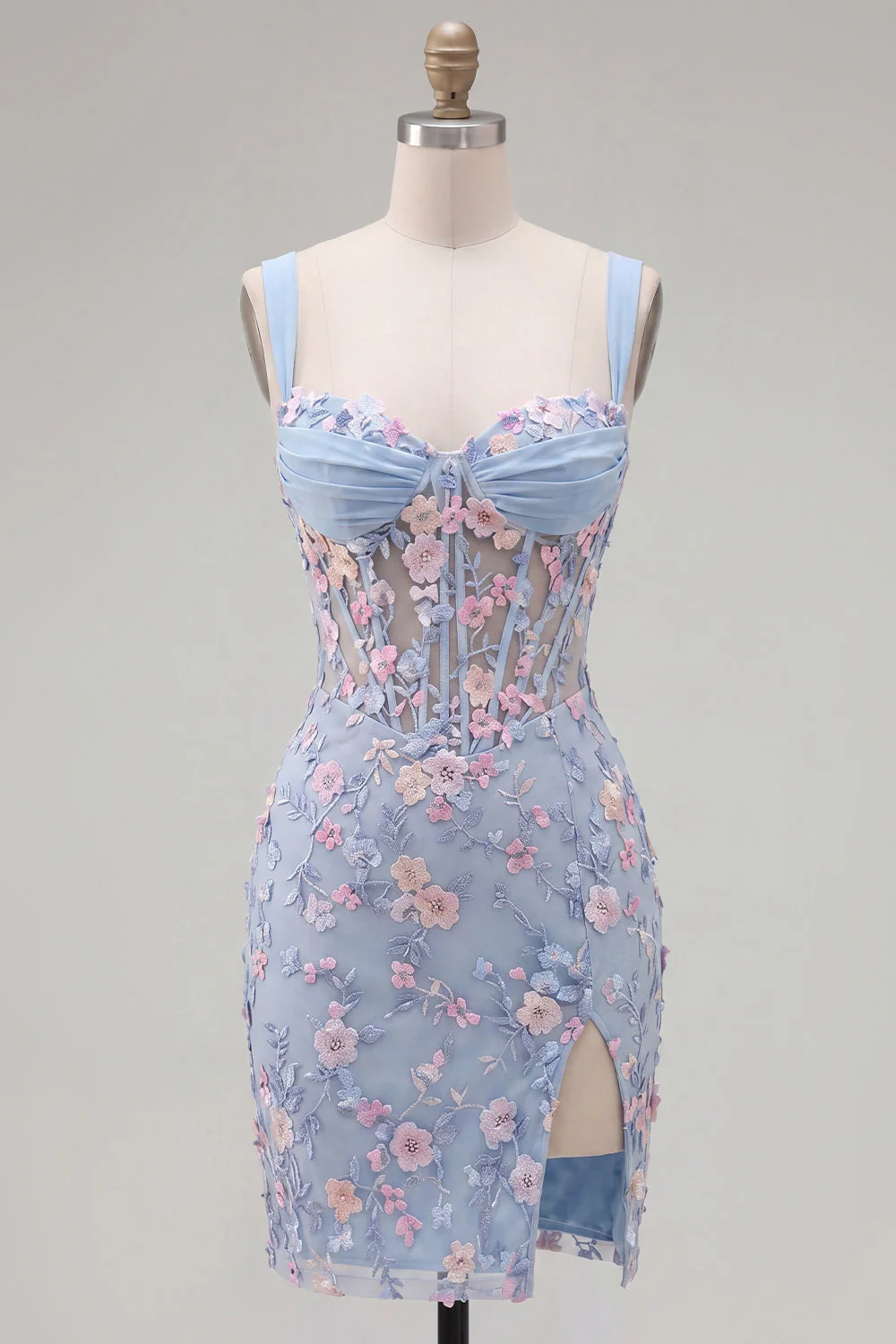 Robe de rentrée à la maison avec corset transparent bleu transparente, fleur plissée et applique, avec fente