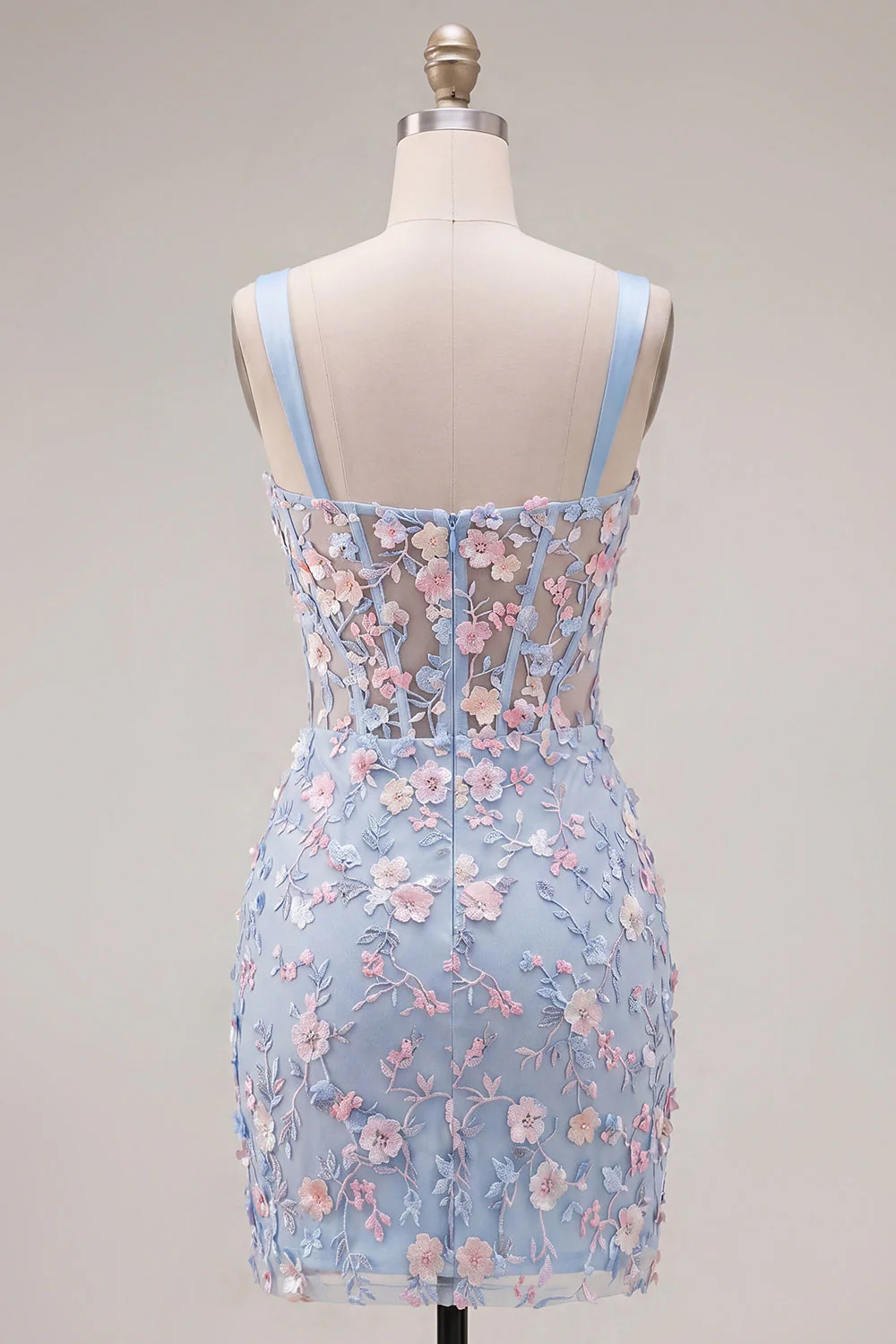 Robe de rentrée à la maison avec corset transparent bleu transparente, fleur plissée et applique, avec fente - Image 4