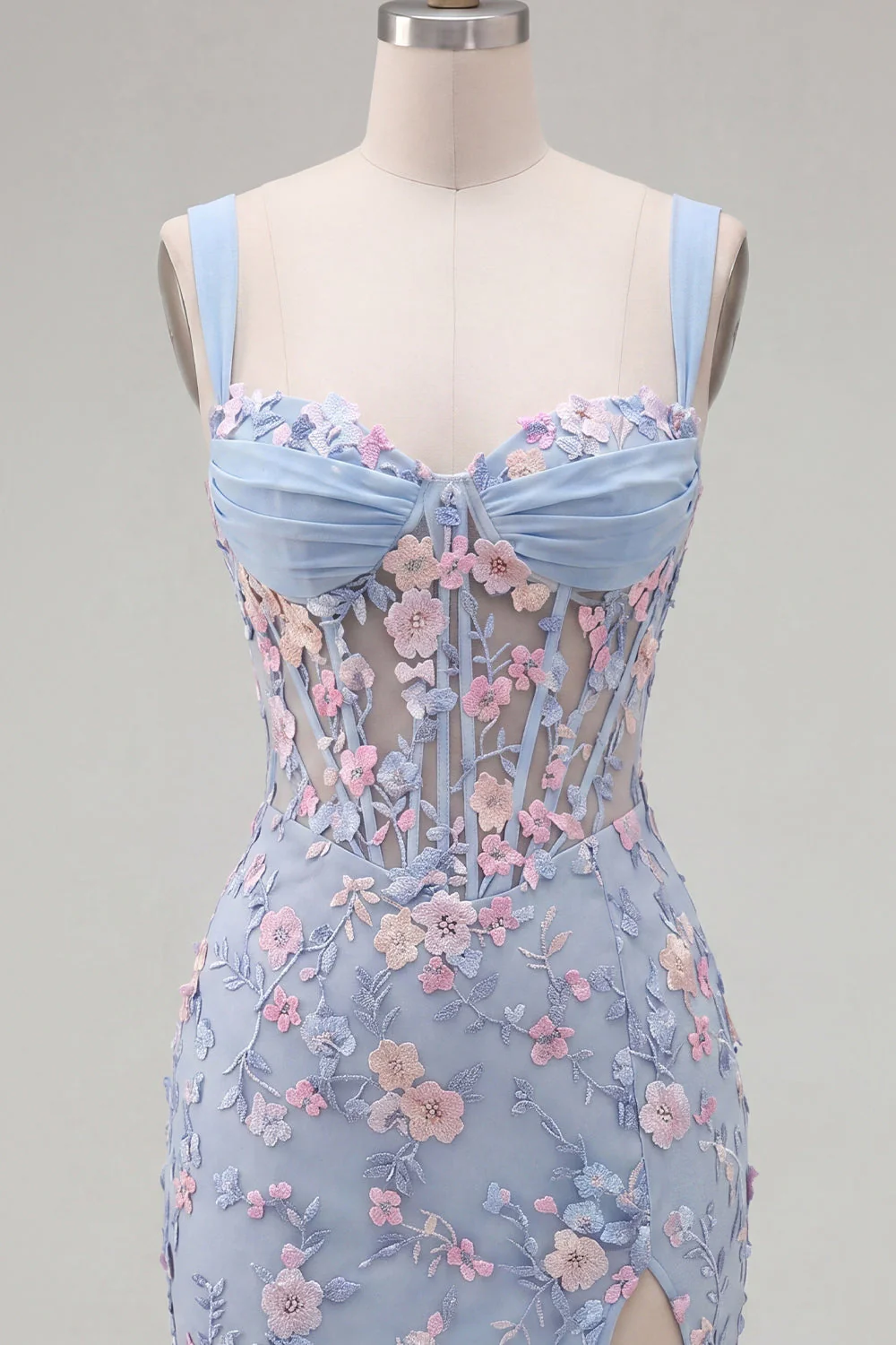 Robe de rentrée à la maison avec corset transparent bleu transparente, fleur plissée et applique, avec fente - Image 5