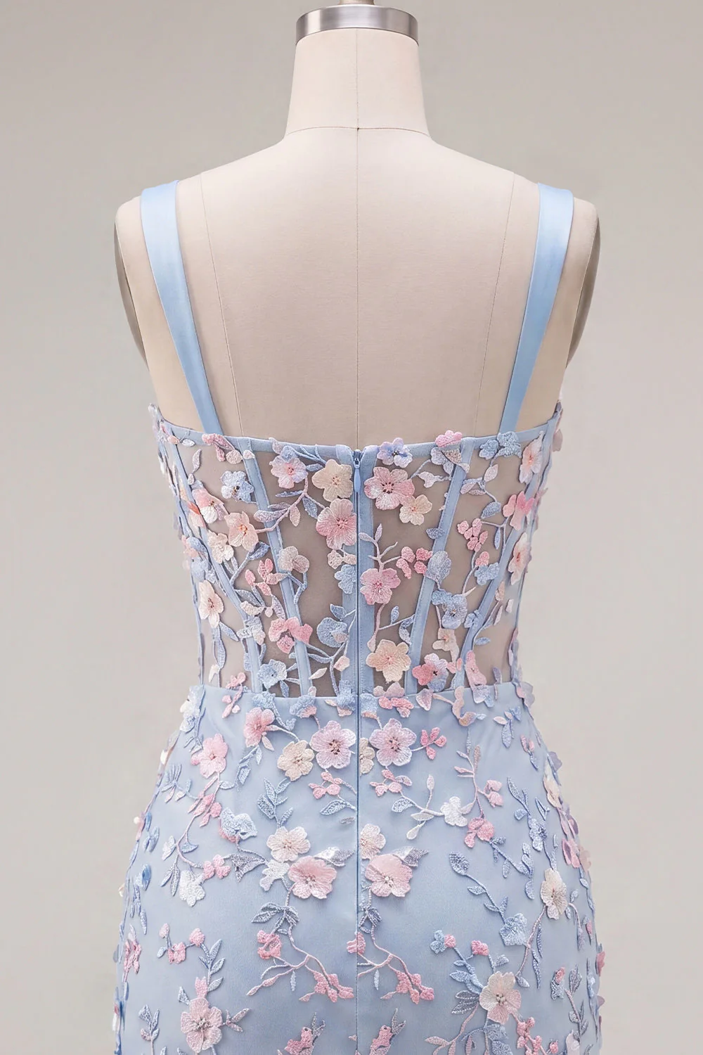 Robe de rentrée à la maison avec corset transparent bleu transparente, fleur plissée et applique, avec fente - Image 6