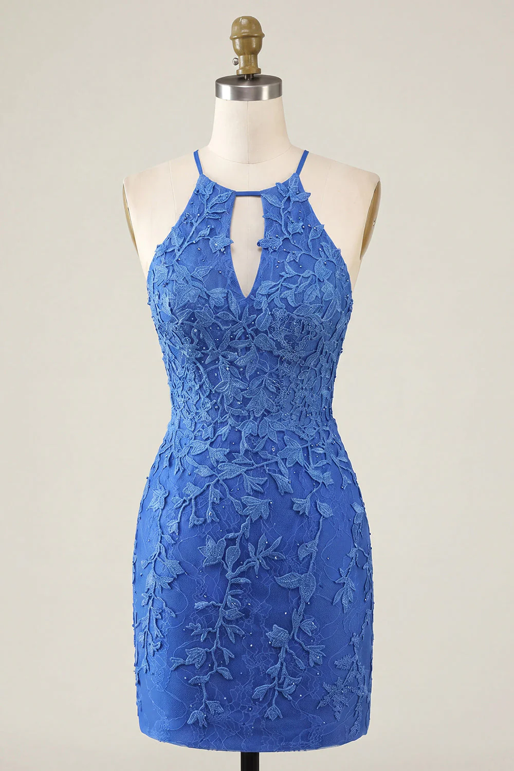 Robe de rentrée à la maison bleu bleu floral bodycon collante à col nu avec perles