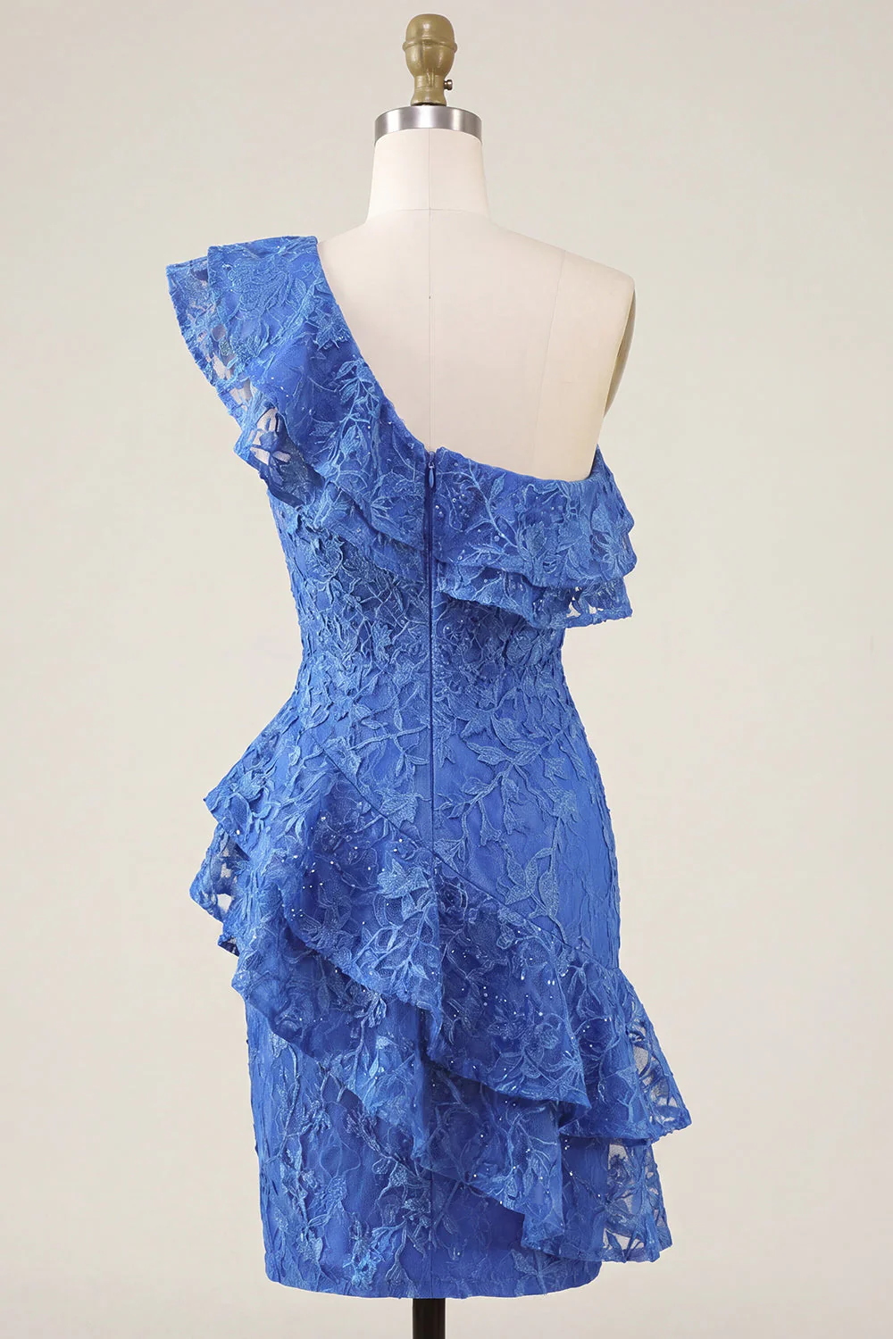 Robe de rentrée à la rentrée, bleu royal bleu moulant, fleur perlée et volants, avec une épaule et fente - Image 2