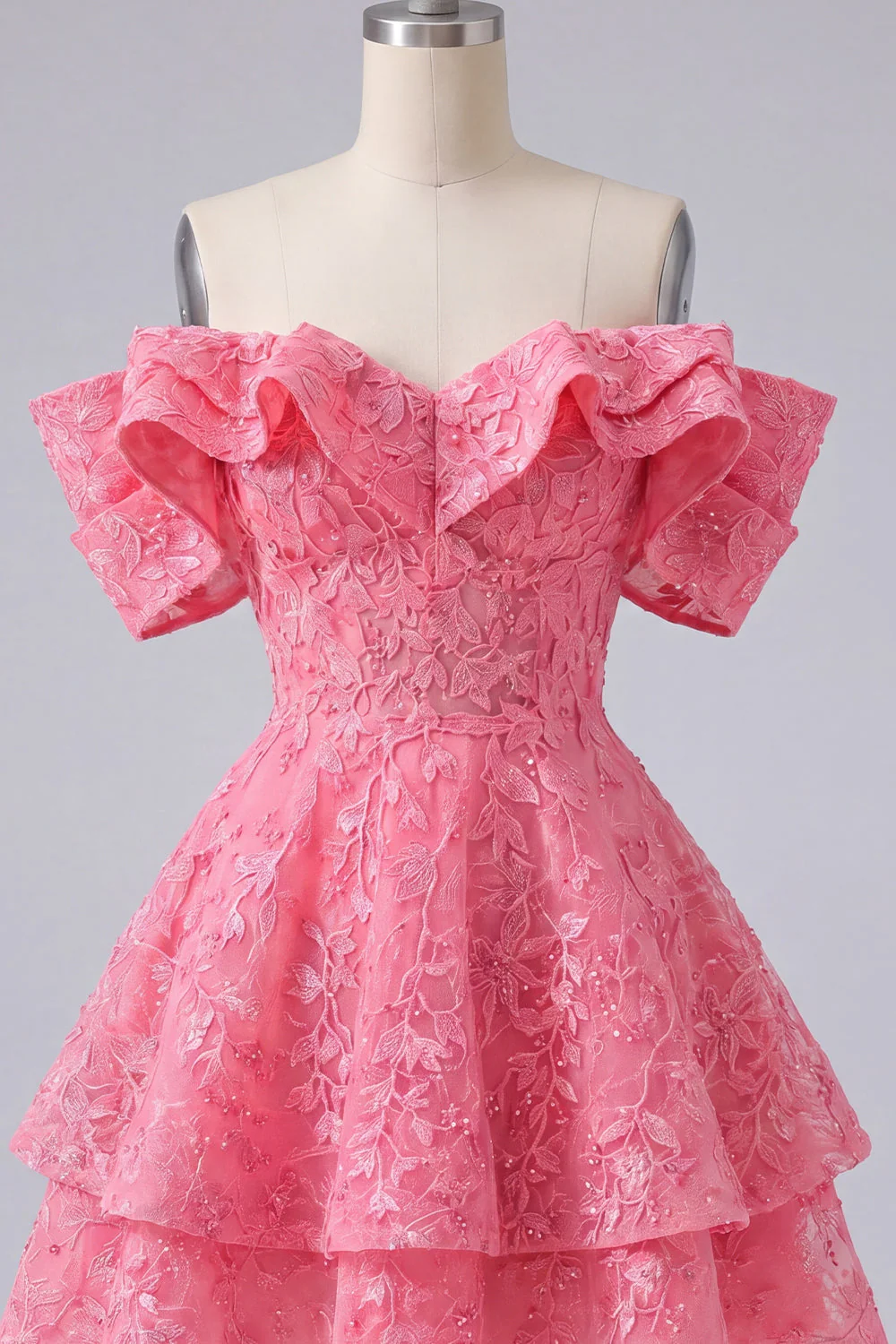 Robe de rentrée à la rentrée, rose vif à volants fleurs, en ligne A dénudée et perlée - Image 7