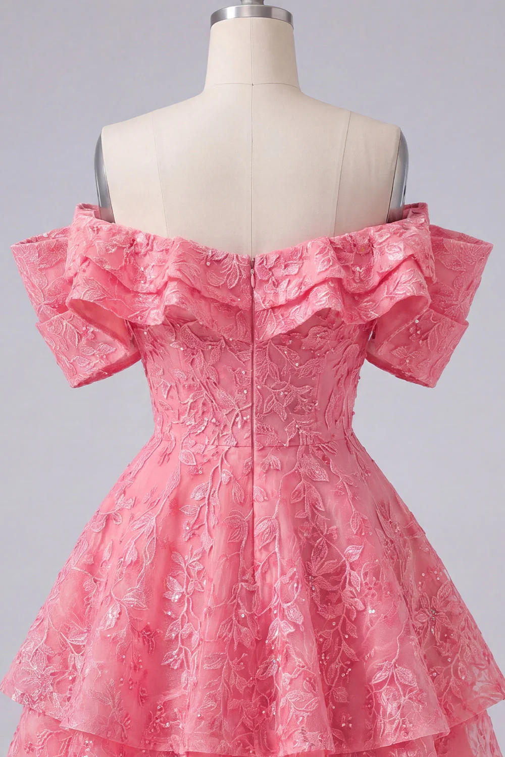 Robe de rentrée à la rentrée, rose vif à volants fleurs, en ligne A dénudée et perlée - Image 8