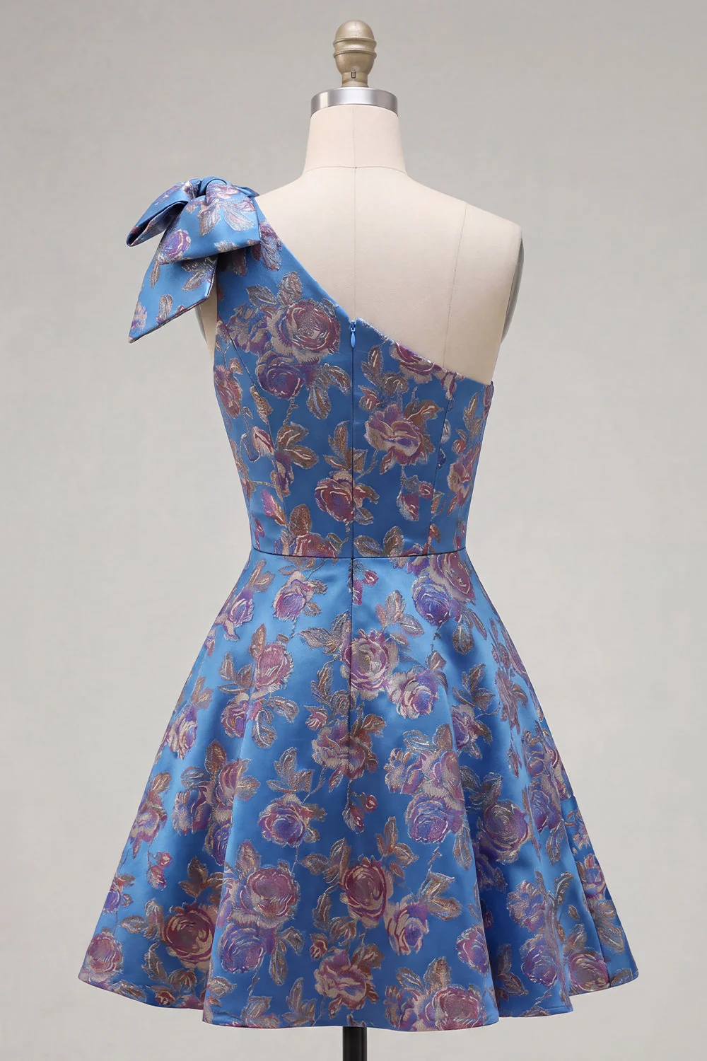 Robe de rentrée bleue Jacquard à une épaule en ligne A avec nœud - Image 3
