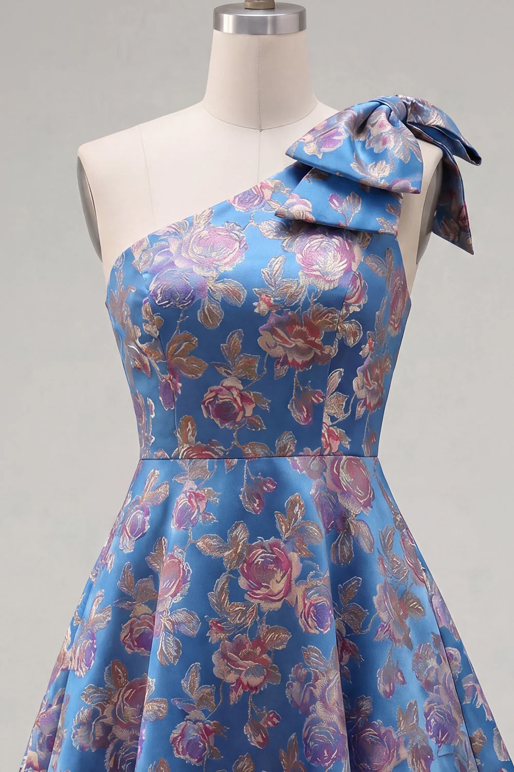 Robe de rentrée bleue Jacquard à une épaule en ligne A avec nœud - Image 4