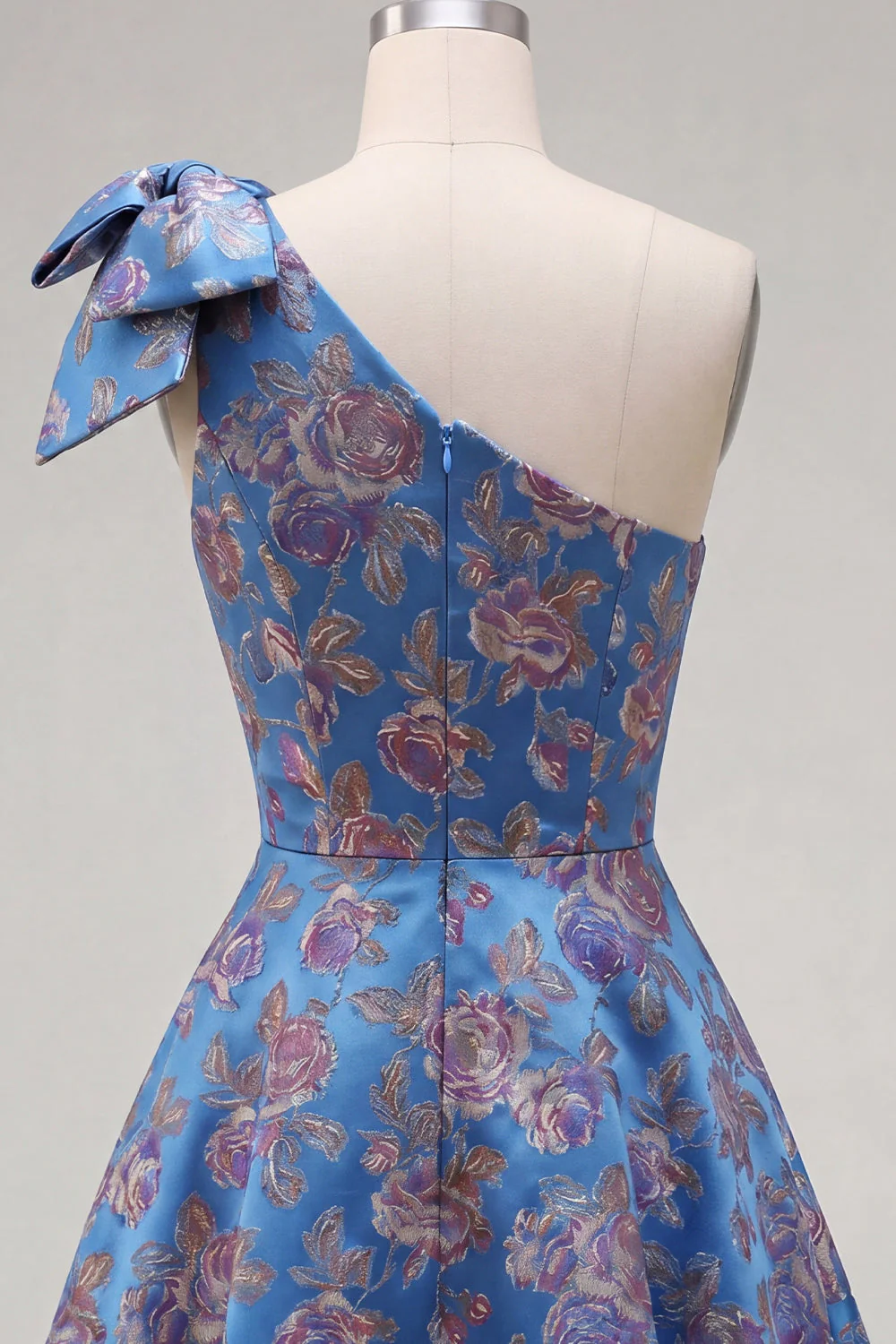 Robe de rentrée bleue Jacquard à une épaule en ligne A avec nœud - Image 5