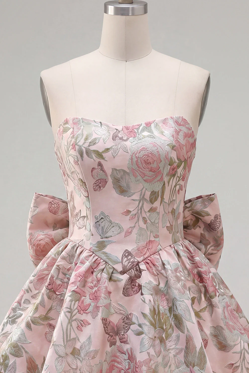 Robe de rentrée fleurie A-Line Pink Sweetheart Jacquard avec nœud - Image 3