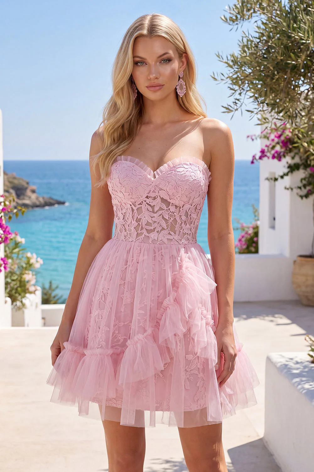 Robe de rentrée rose rose Sweetheart avec volants - Image 3
