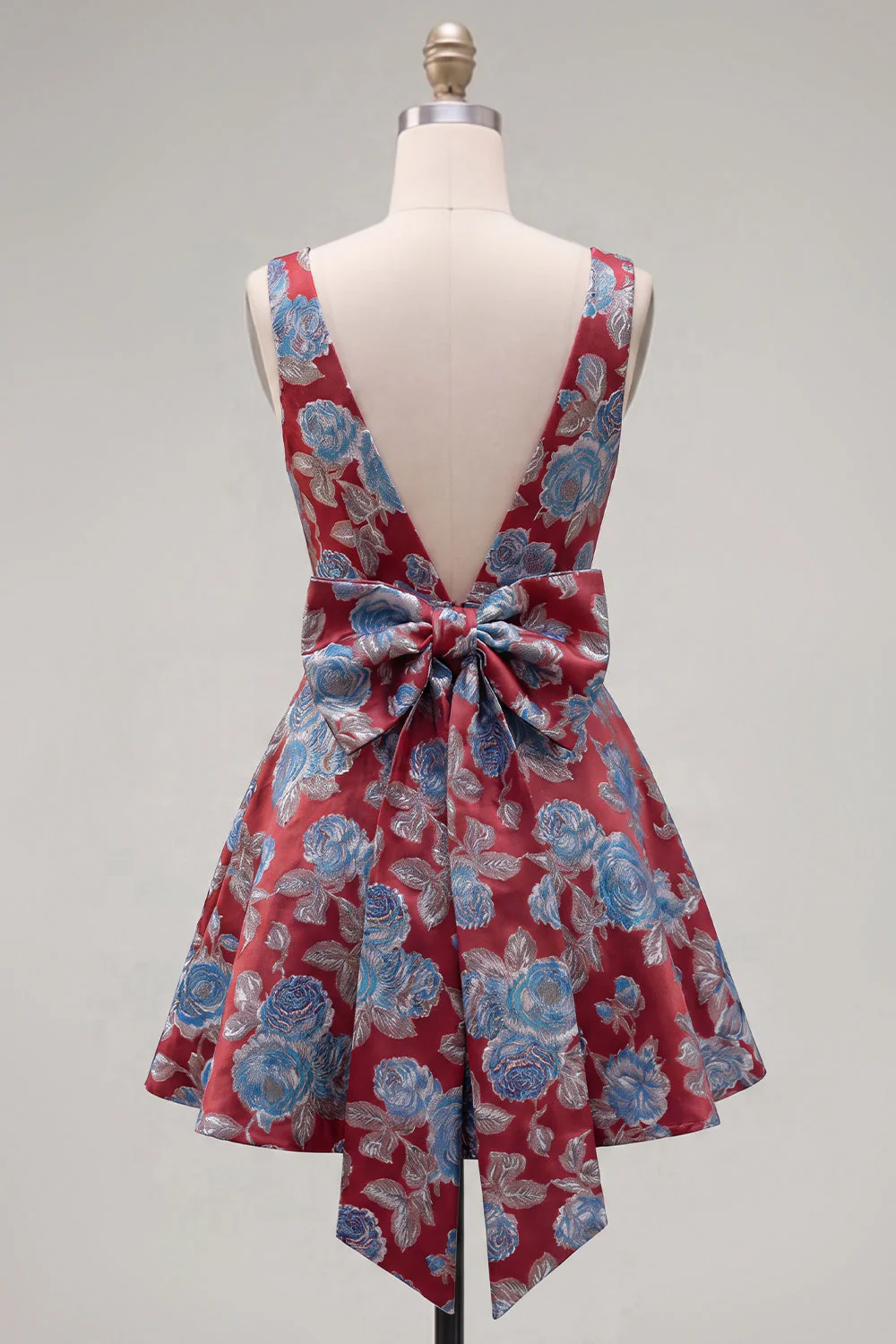Robe de rentrée rouge Jacquard à col en V rouge avec nœud de rentrée - Image 3