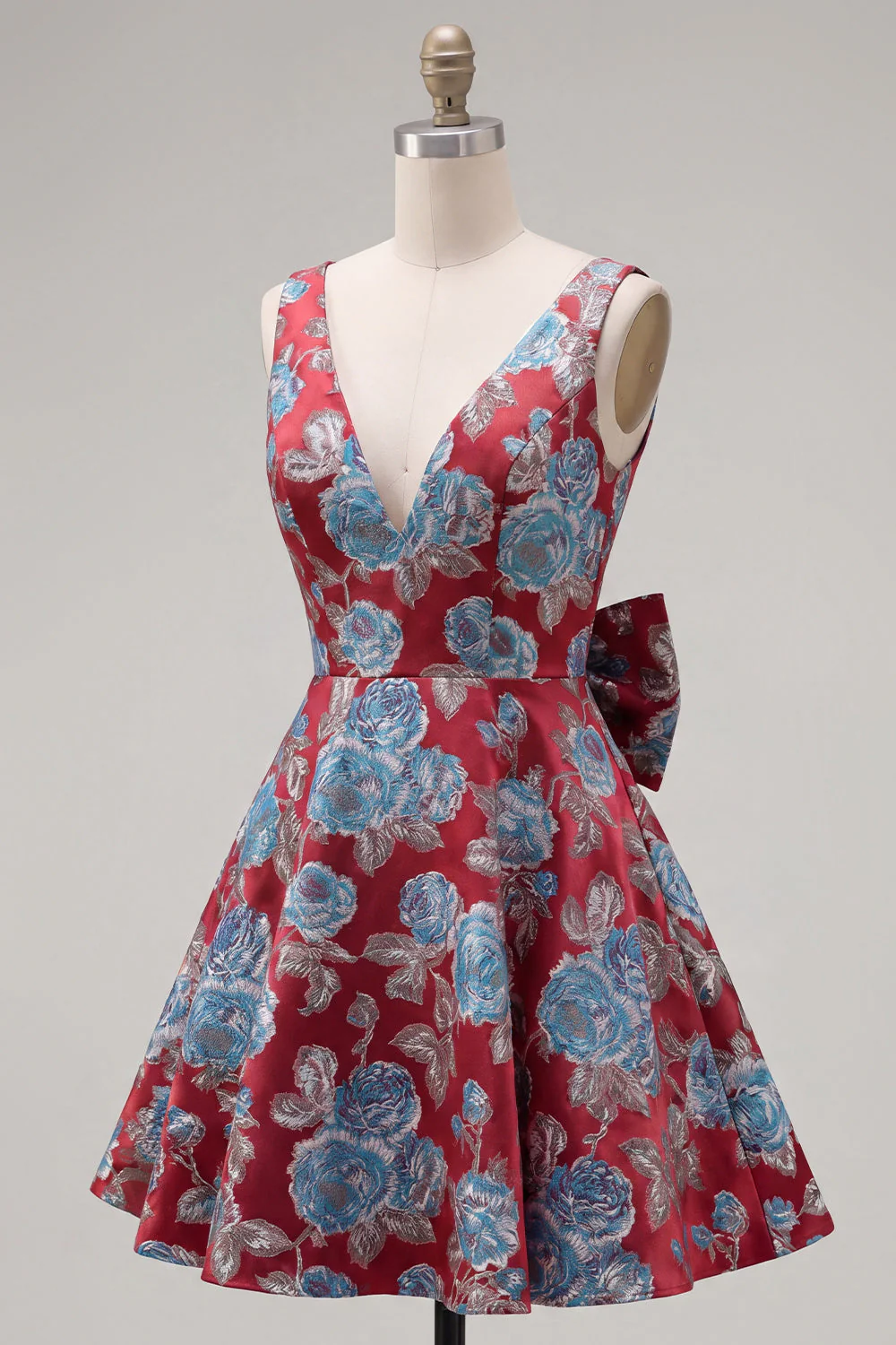 Robe de rentrée rouge Jacquard à col en V rouge avec nœud de rentrée - Image 4