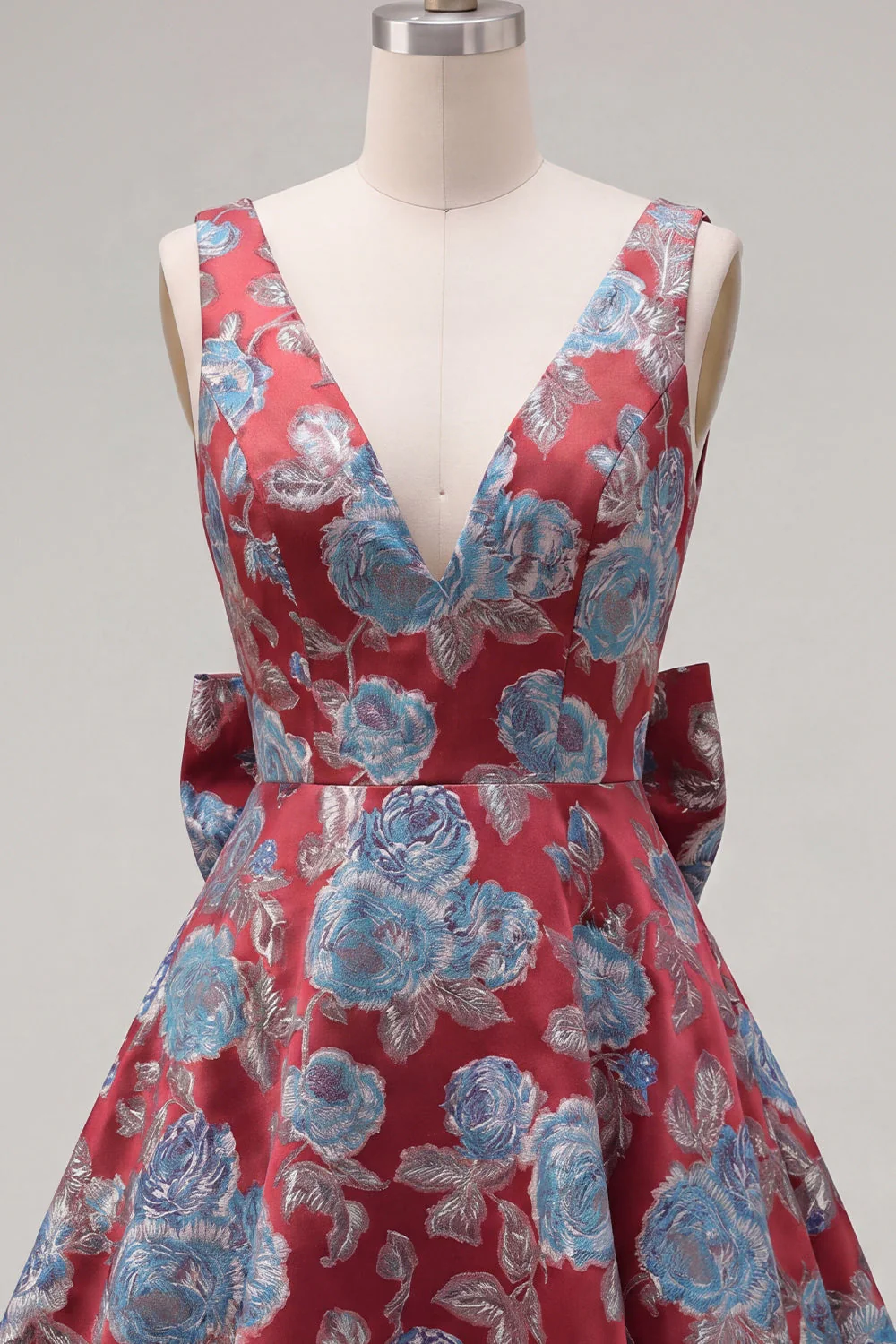 Robe de rentrée rouge Jacquard à col en V rouge avec nœud de rentrée - Image 5