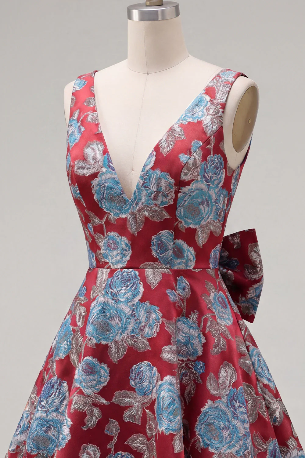Robe de rentrée rouge Jacquard à col en V rouge avec nœud de rentrée - Image 7