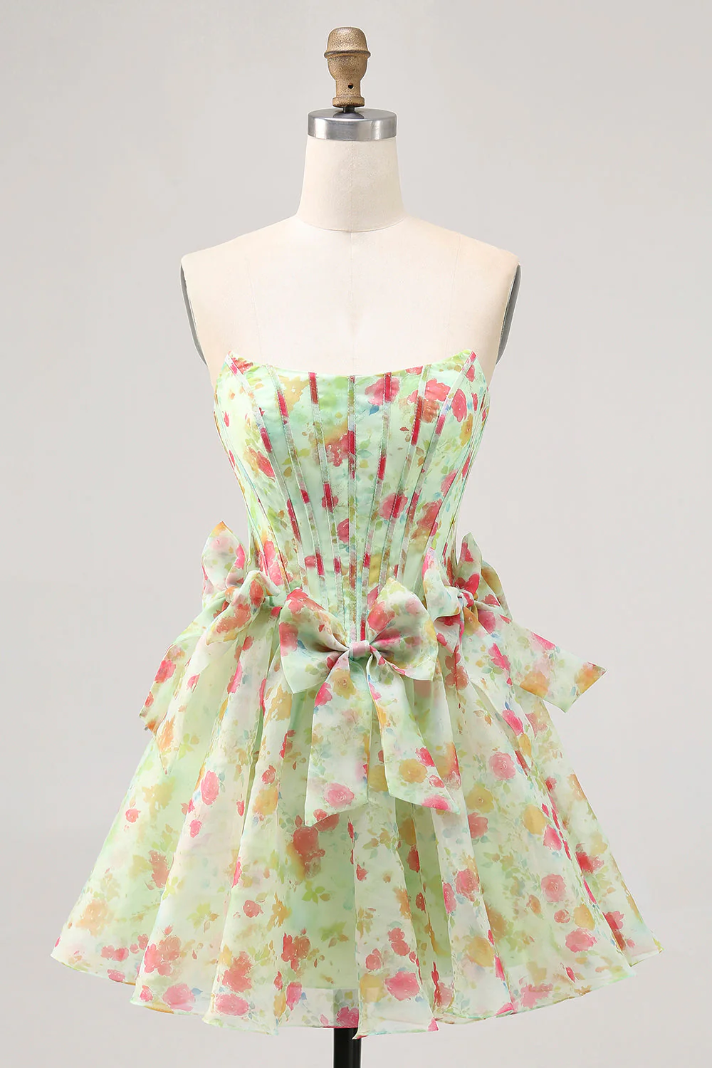 Robe de cocktail corset floral trapèze sans bretelles verte avec noeuds - Image 7