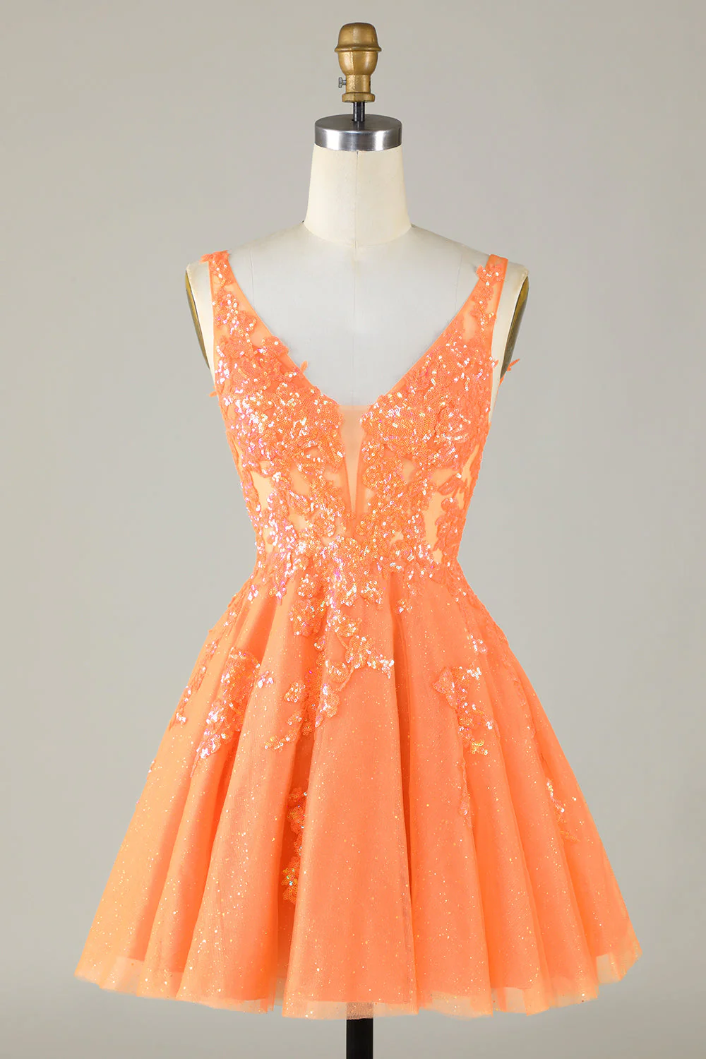 Robe de cocktail à paillettes orange scintillante A Line avec paillettes