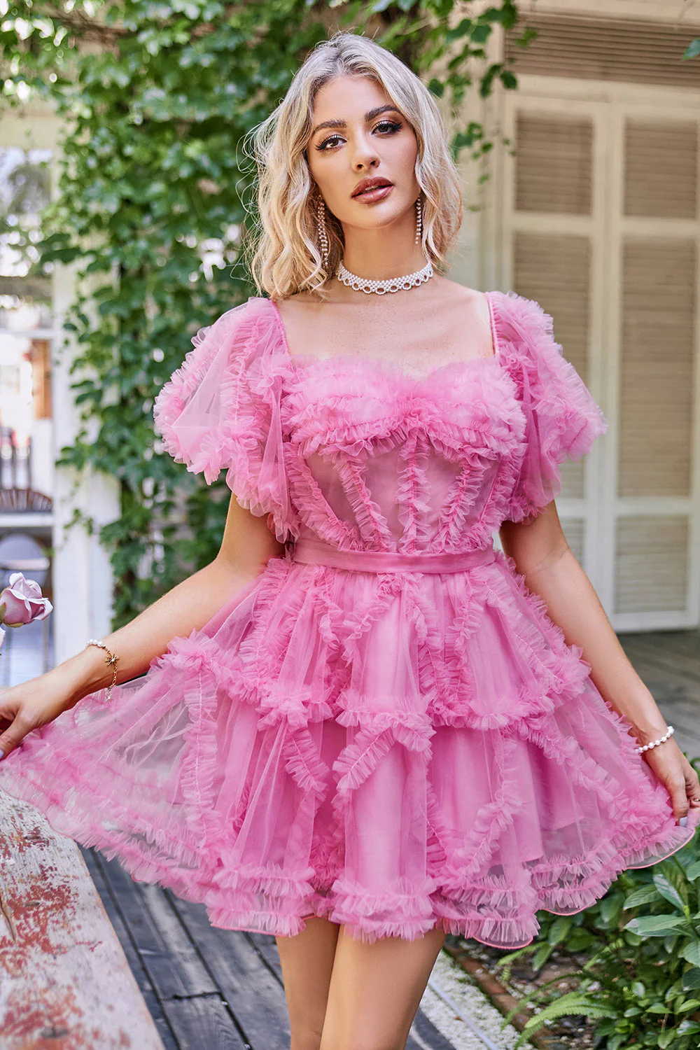 Robe de cocktail en tulle en tulle rose vif - Image 4