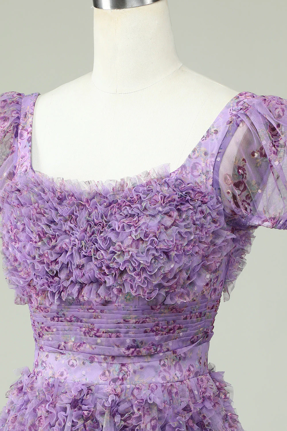 Robe de cocktail violette Floral A Line avec volants - Image 5
