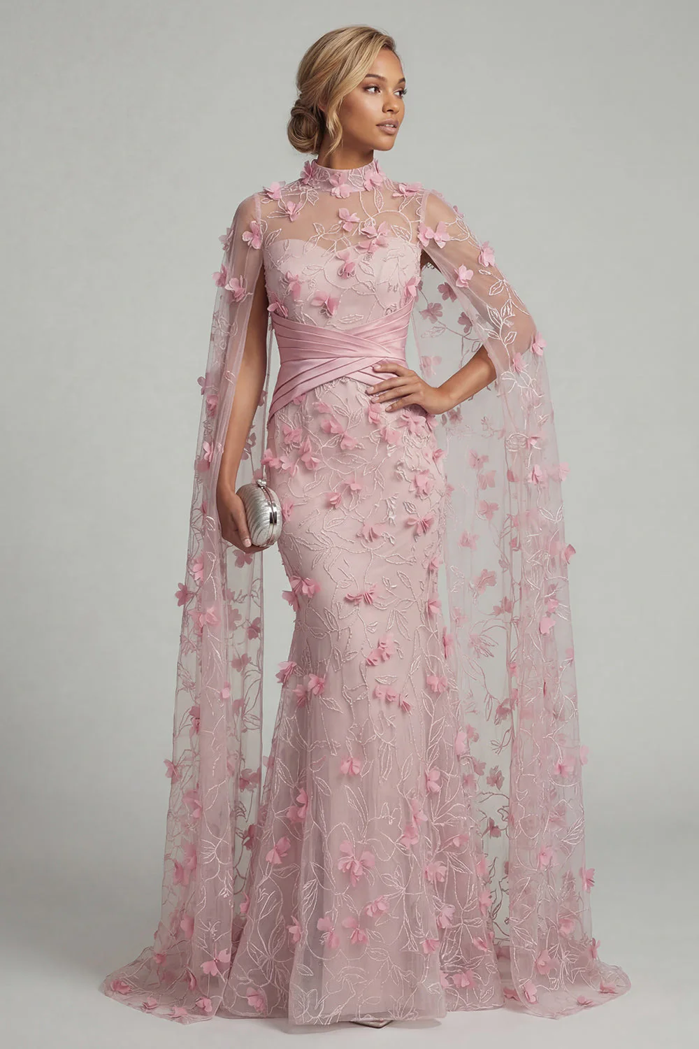 Robe de soirée 3D à motifs floraux à col illusion rose sirène avec manches cape - Image 2