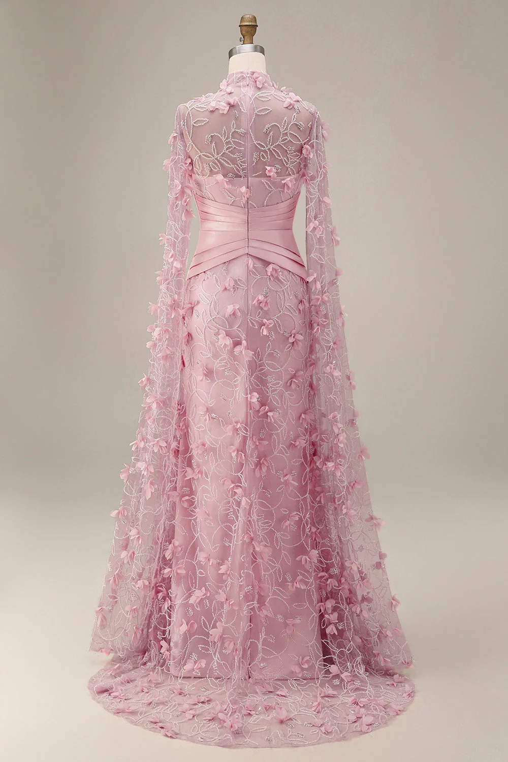 Robe de soirée 3D à motifs floraux à col illusion rose sirène avec manches cape - Image 3