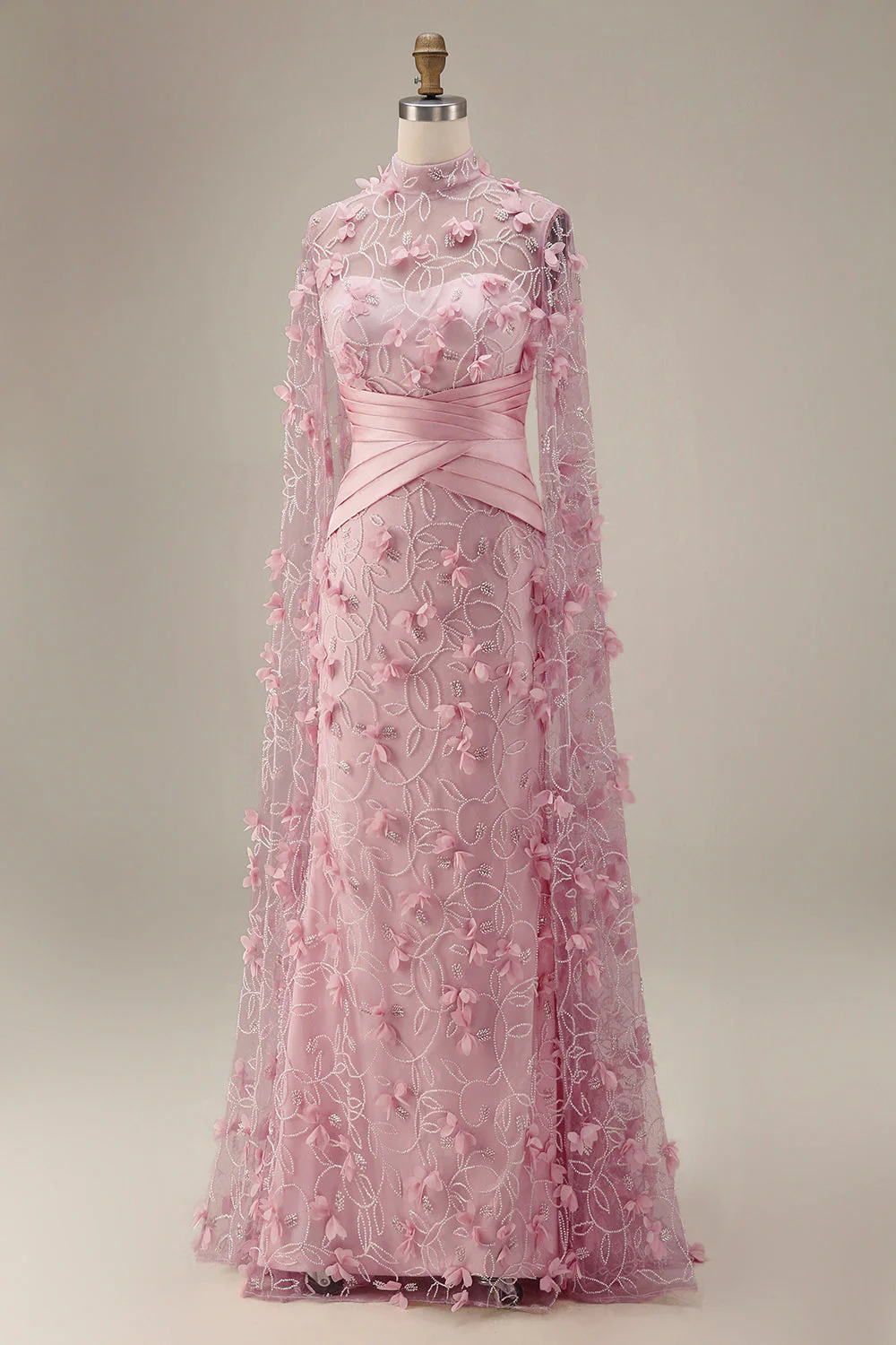 Robe de soirée 3D à motifs floraux à col illusion rose sirène avec manches cape - Image 4