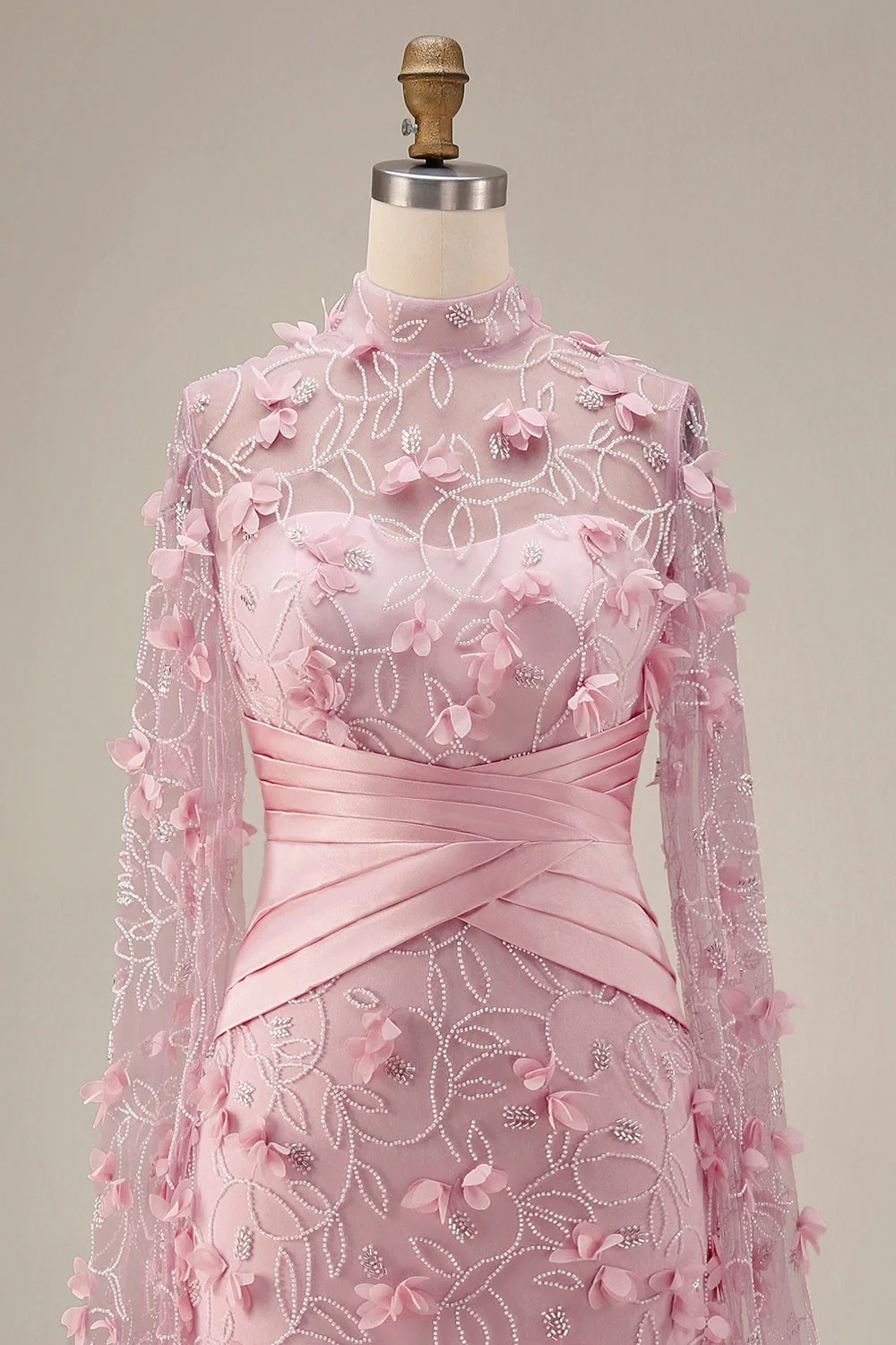 Robe de soirée 3D à motifs floraux à col illusion rose sirène avec manches cape - Image 5