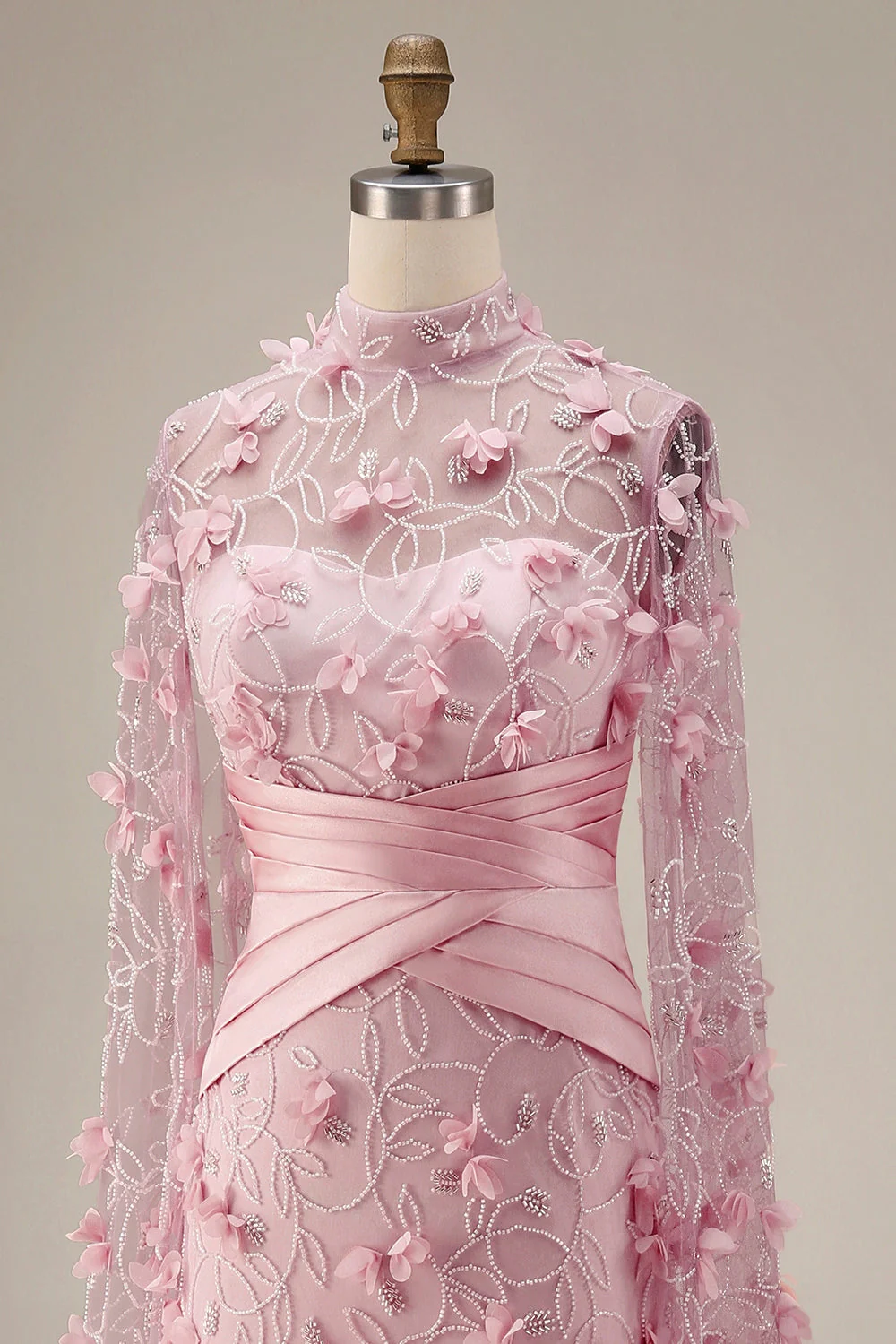Robe de soirée 3D à motifs floraux à col illusion rose sirène avec manches cape - Image 7