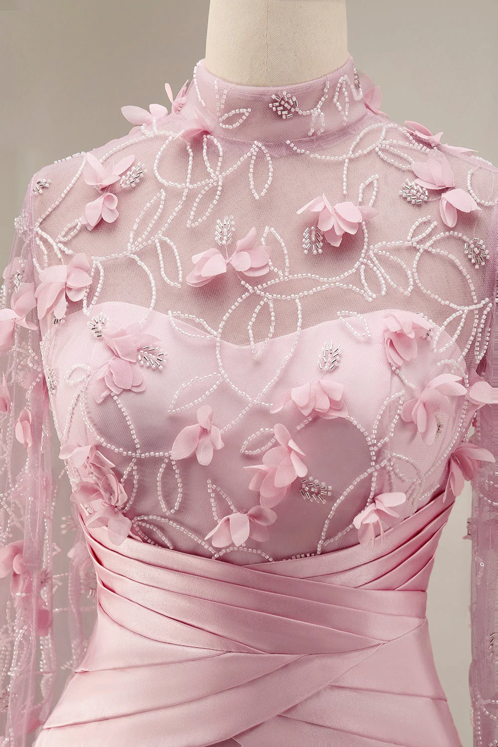 Robe de soirée 3D à motifs floraux à col illusion rose sirène avec manches cape - Image 8
