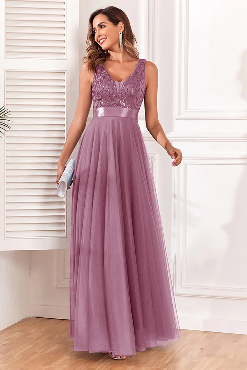 Robe de Soirée bleue trapèze à col en V - Image 10