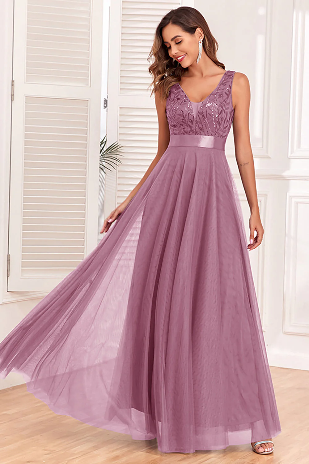 Robe de Soirée bleue trapèze à col en V - Image 6