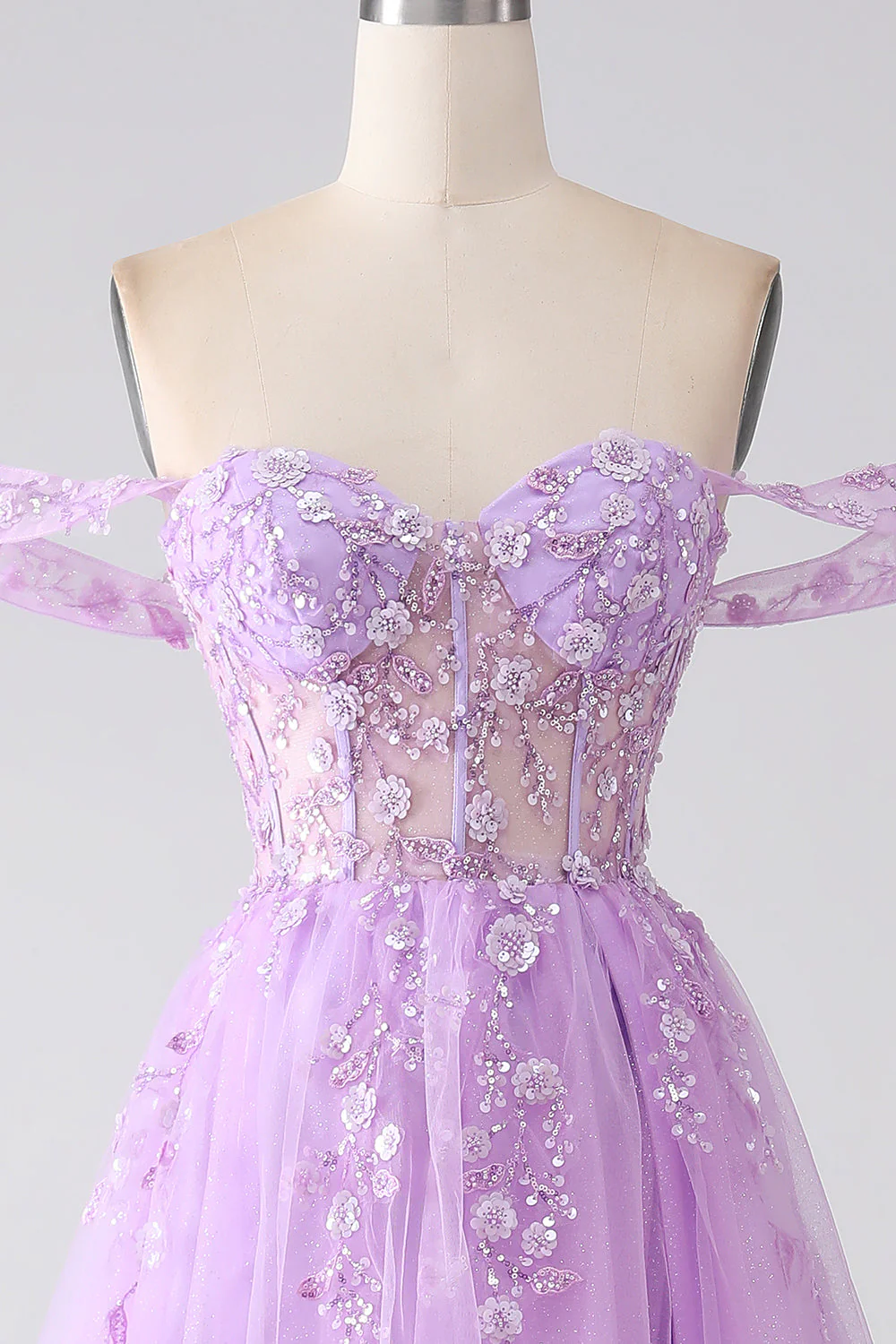 Robe de soirée bustier lilas trapèze à épaules dénudées perlée - Image 6