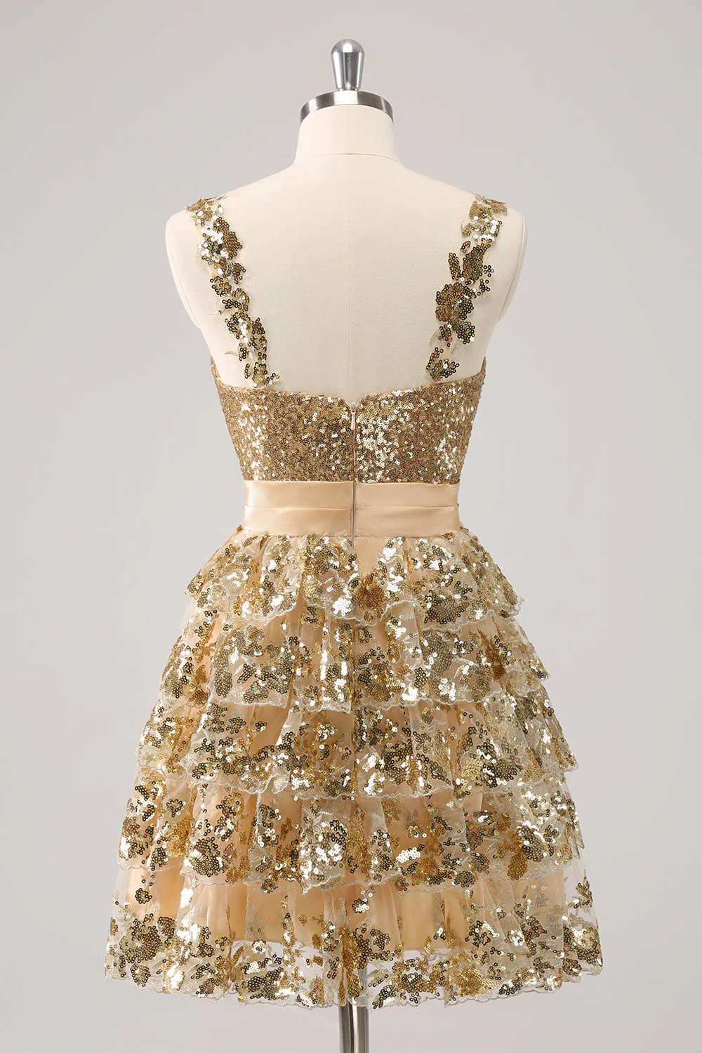 Robe de soirée court à paillettes à bretelles spaghetti dorées avec fleur - Image 2