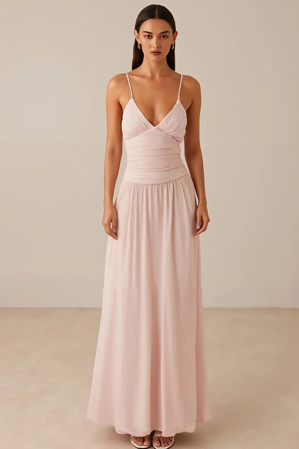 Robe de soirée en mousseline de soie a-ligne à bretelles spaghetti rose