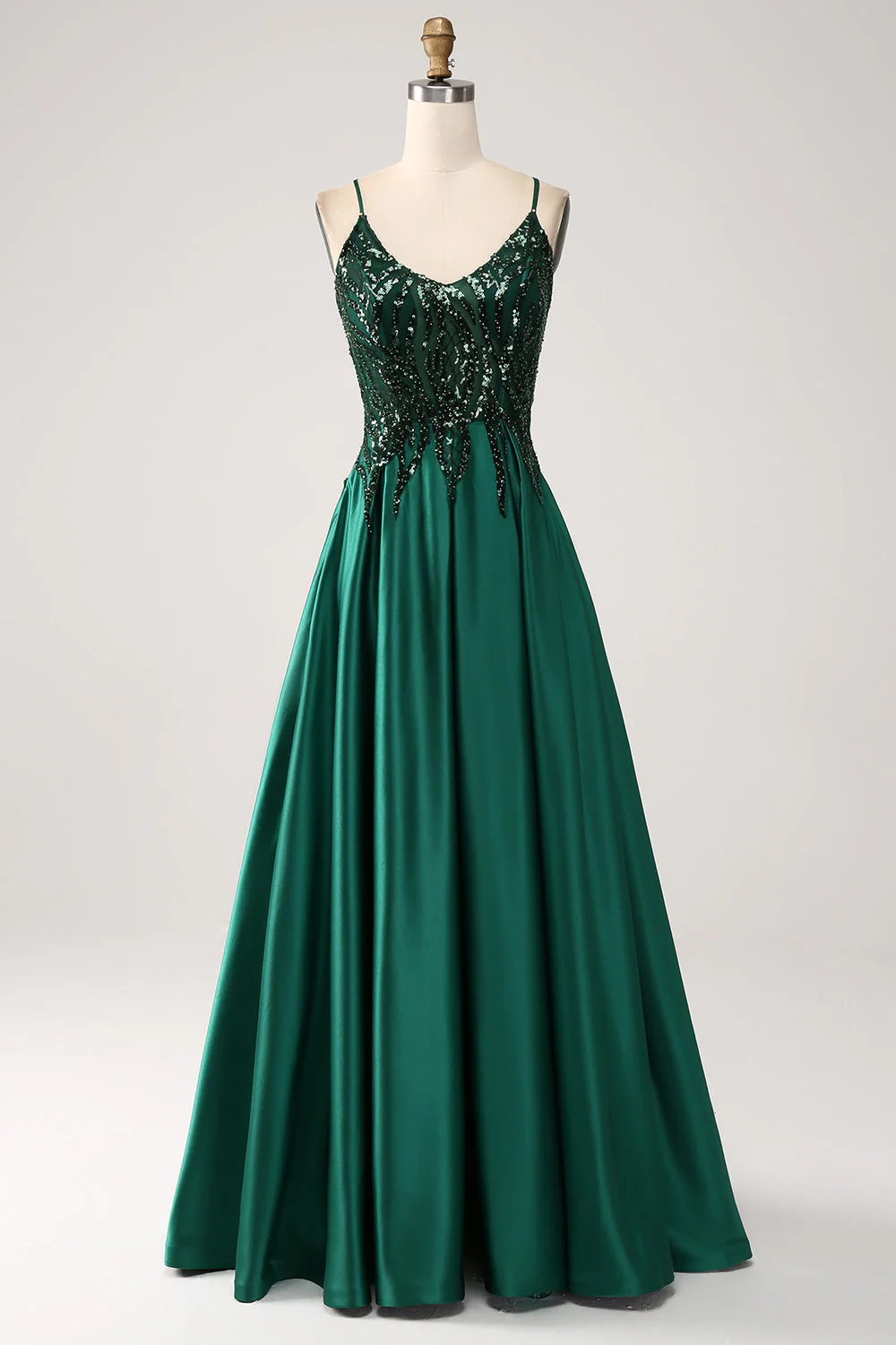 Robe de soirée longue à bretelles spaghetti trapèze vert foncé scintillante avec poches - Image 3