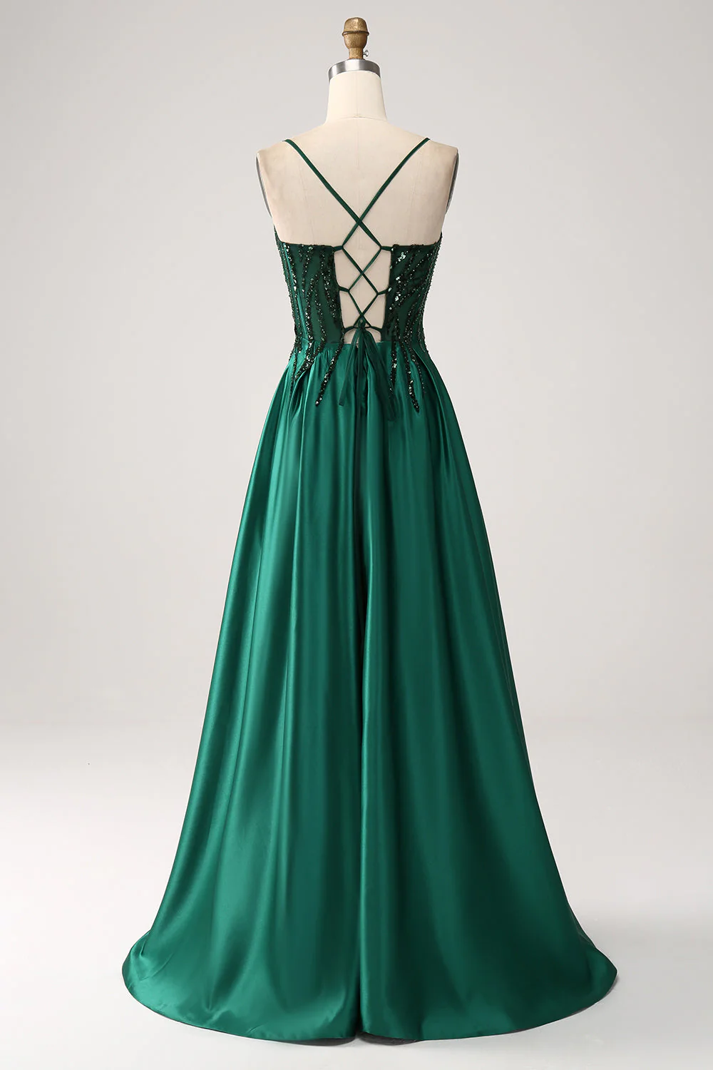 Robe de soirée longue à bretelles spaghetti trapèze vert foncé scintillante avec poches - Image 4