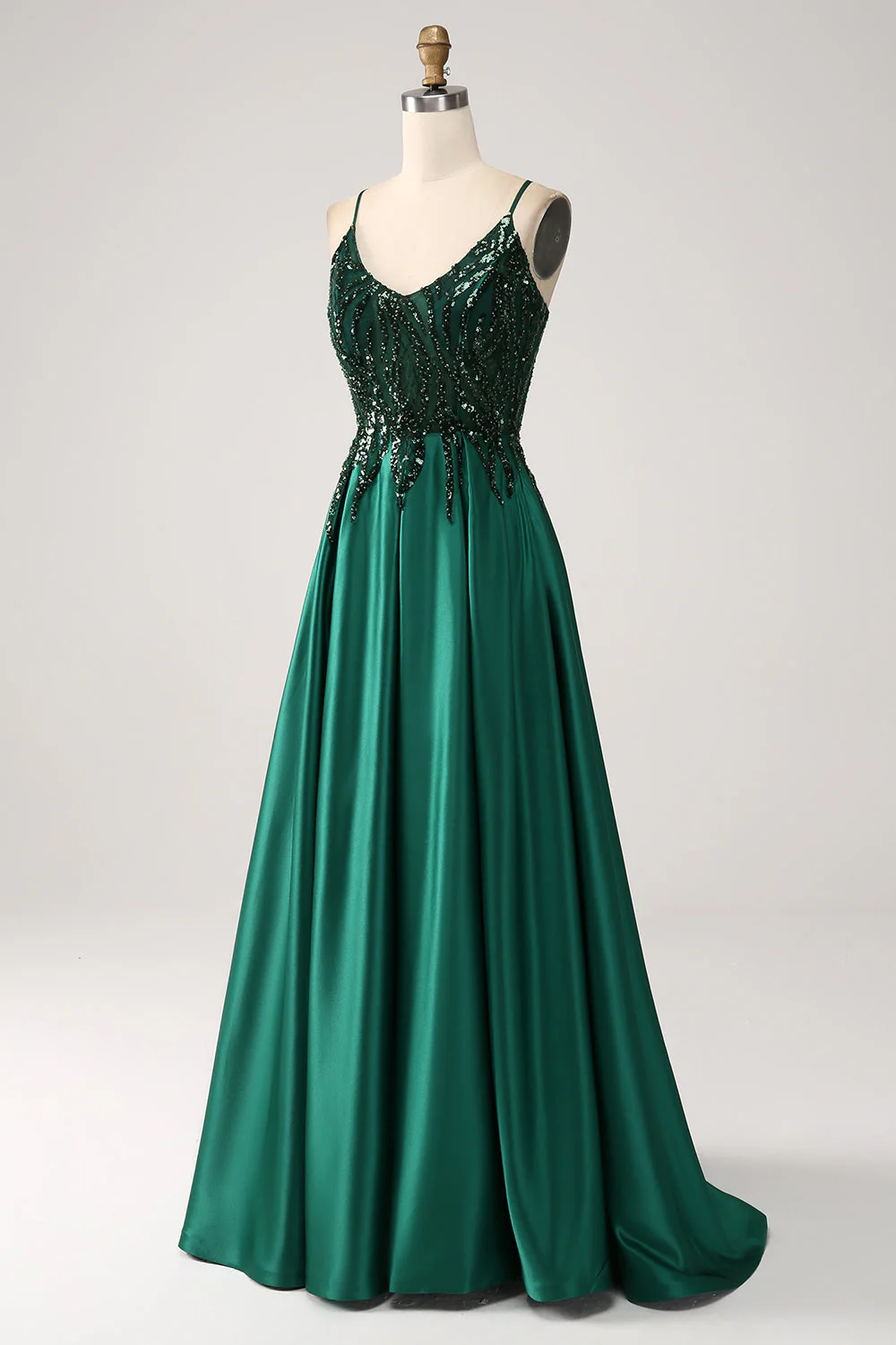 Robe de Soirée longue à bretelles spaghetti A-ligne vert foncé - Image 3