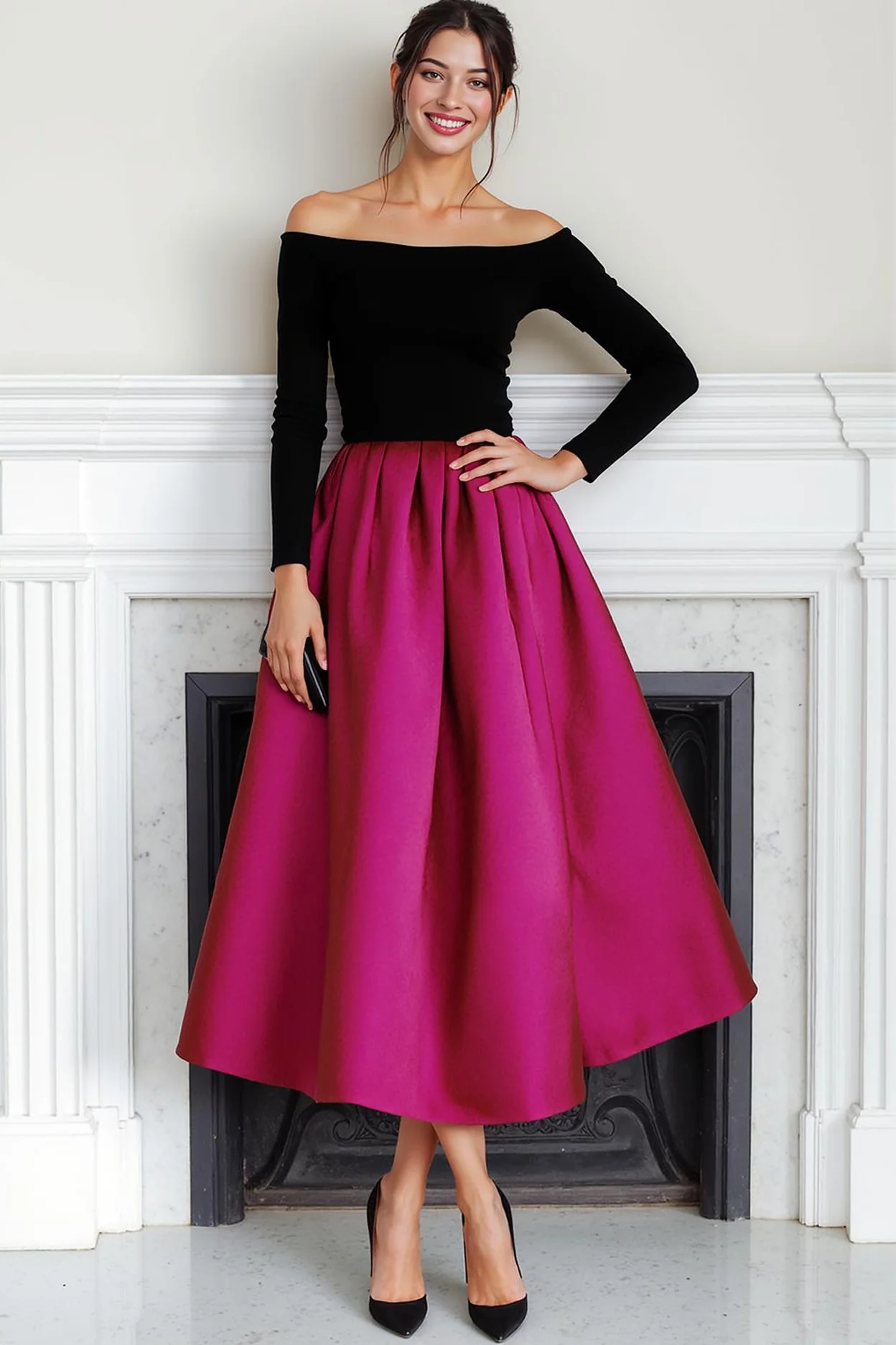 Robe de soirée longue à manches dénudées en velours noir fuchsia - Image 2