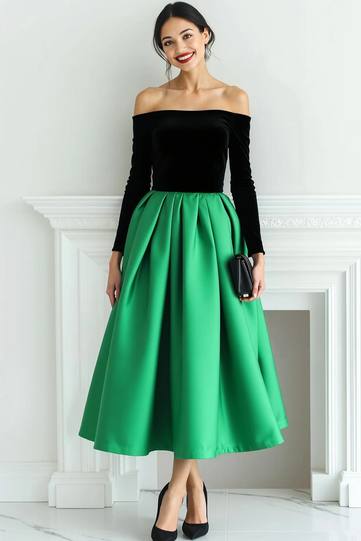 Robe de soirée longue à manches dénudées en velours noir fuchsia - Image 3