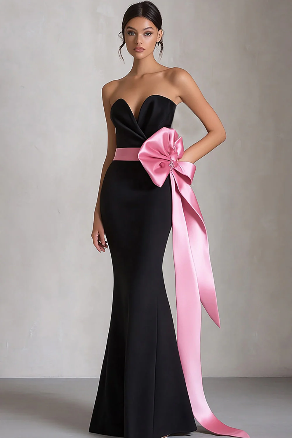 Robe de soirée longue en satin sans bretelles noir et rose avec nœud