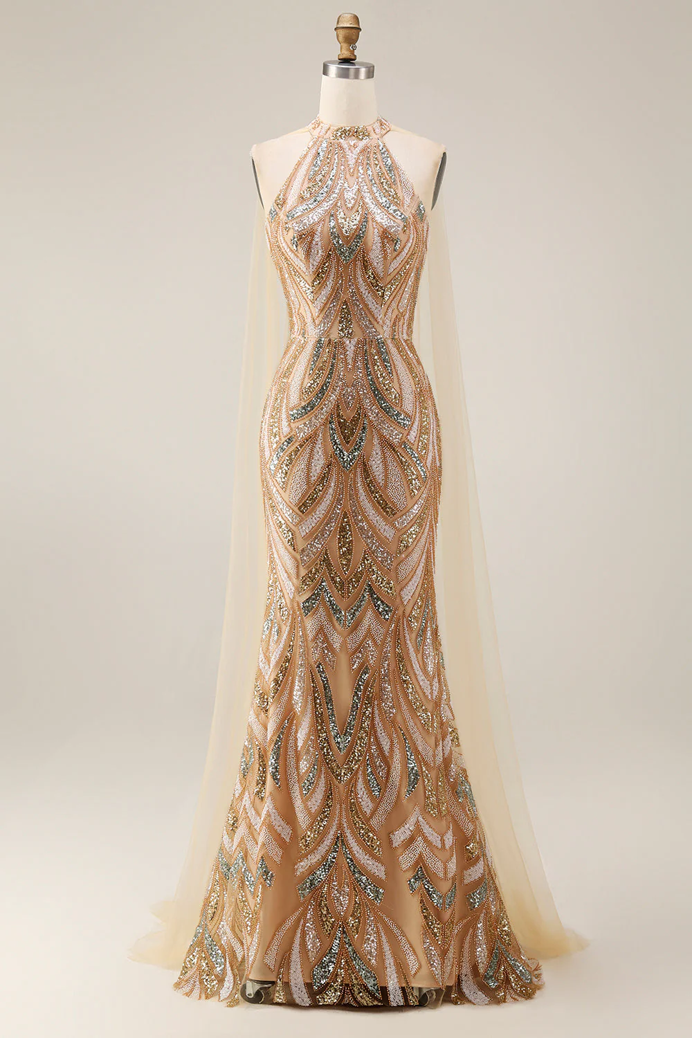 Robe de soirée longue en sirène à paillettes champagne en champagne scintillante