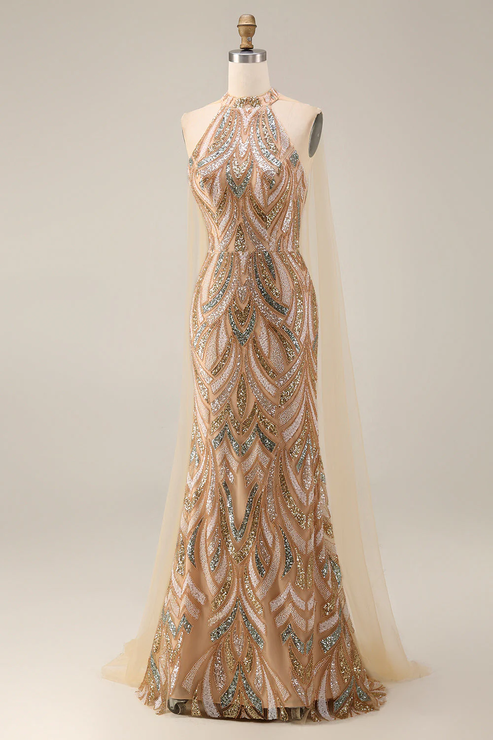 Robe de soirée longue en sirène à paillettes champagne en champagne scintillante - Image 3