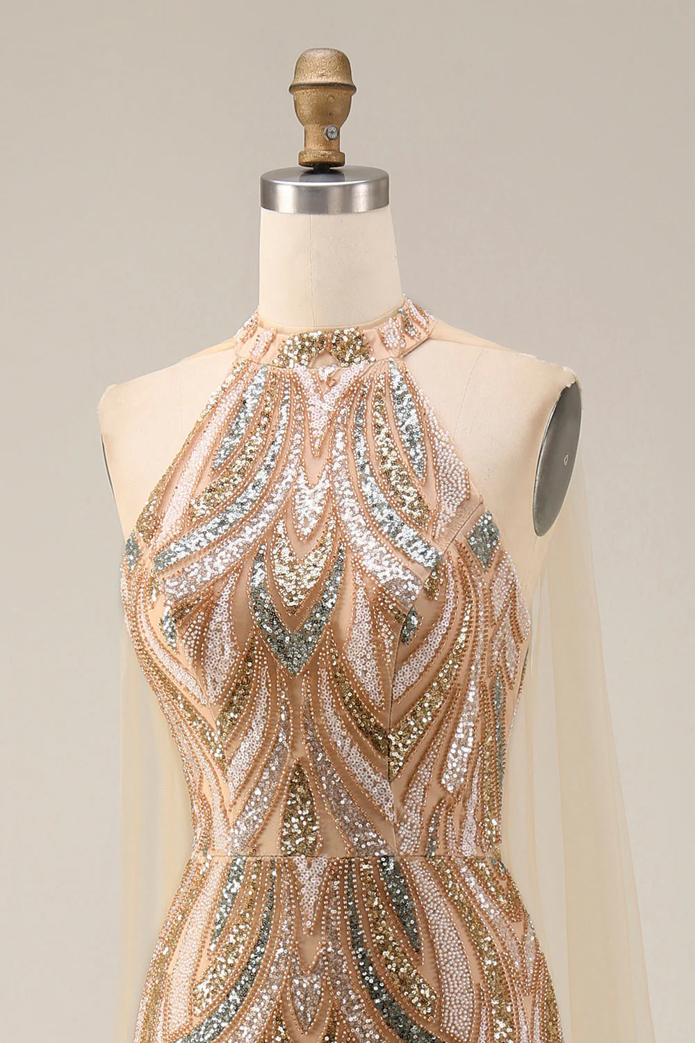 Robe de soirée longue en sirène à paillettes champagne en champagne scintillante - Image 8