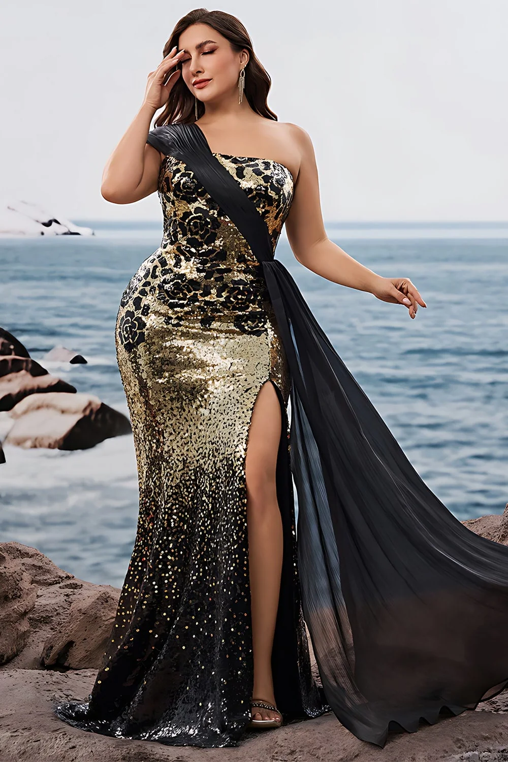 Robe de soirée longue en sirène dorée noire Saprkly avec une épaule et fendue - Image 6