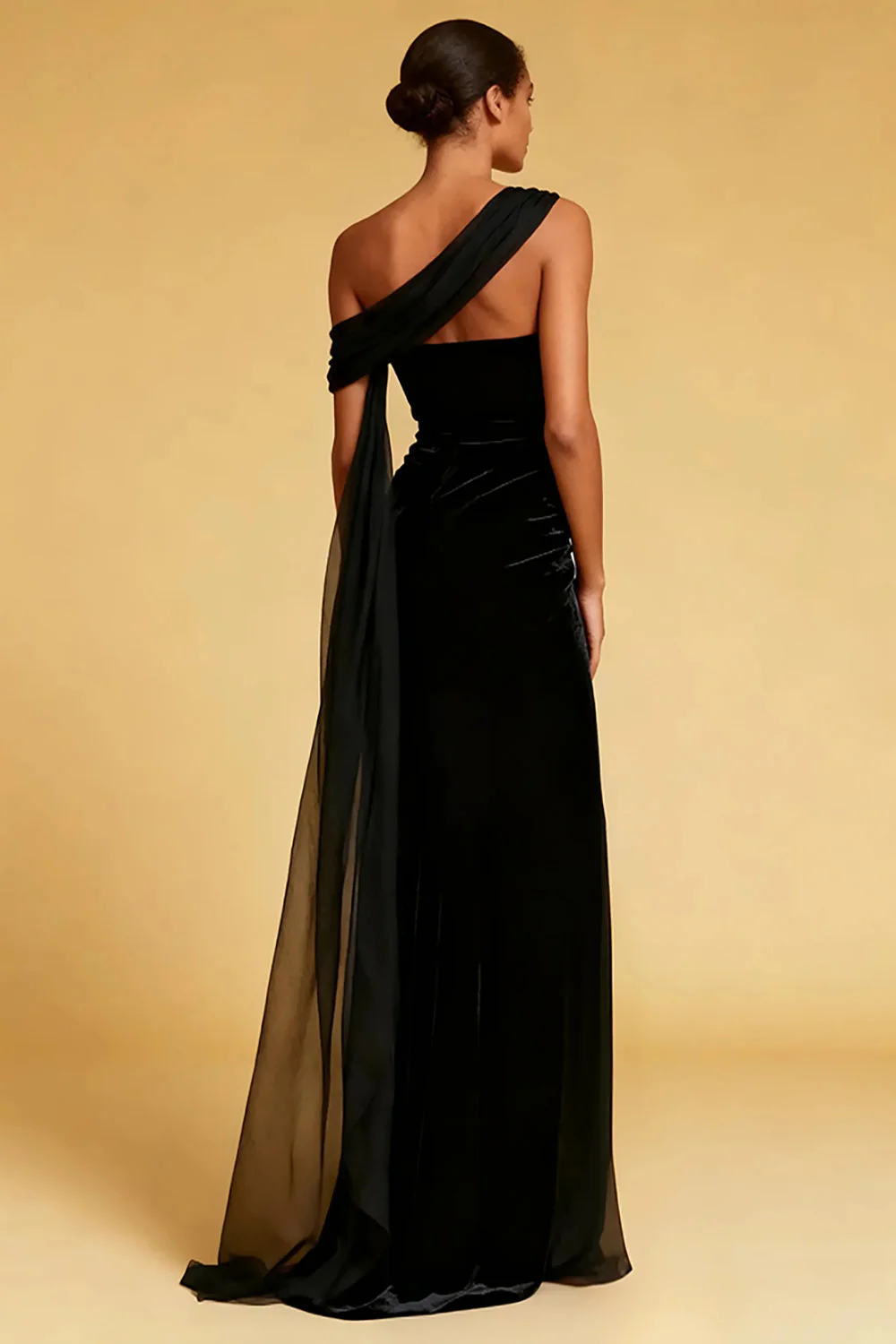 Robe de soirée longue plissée noire à une épaule sirène avec fente - Image 2
