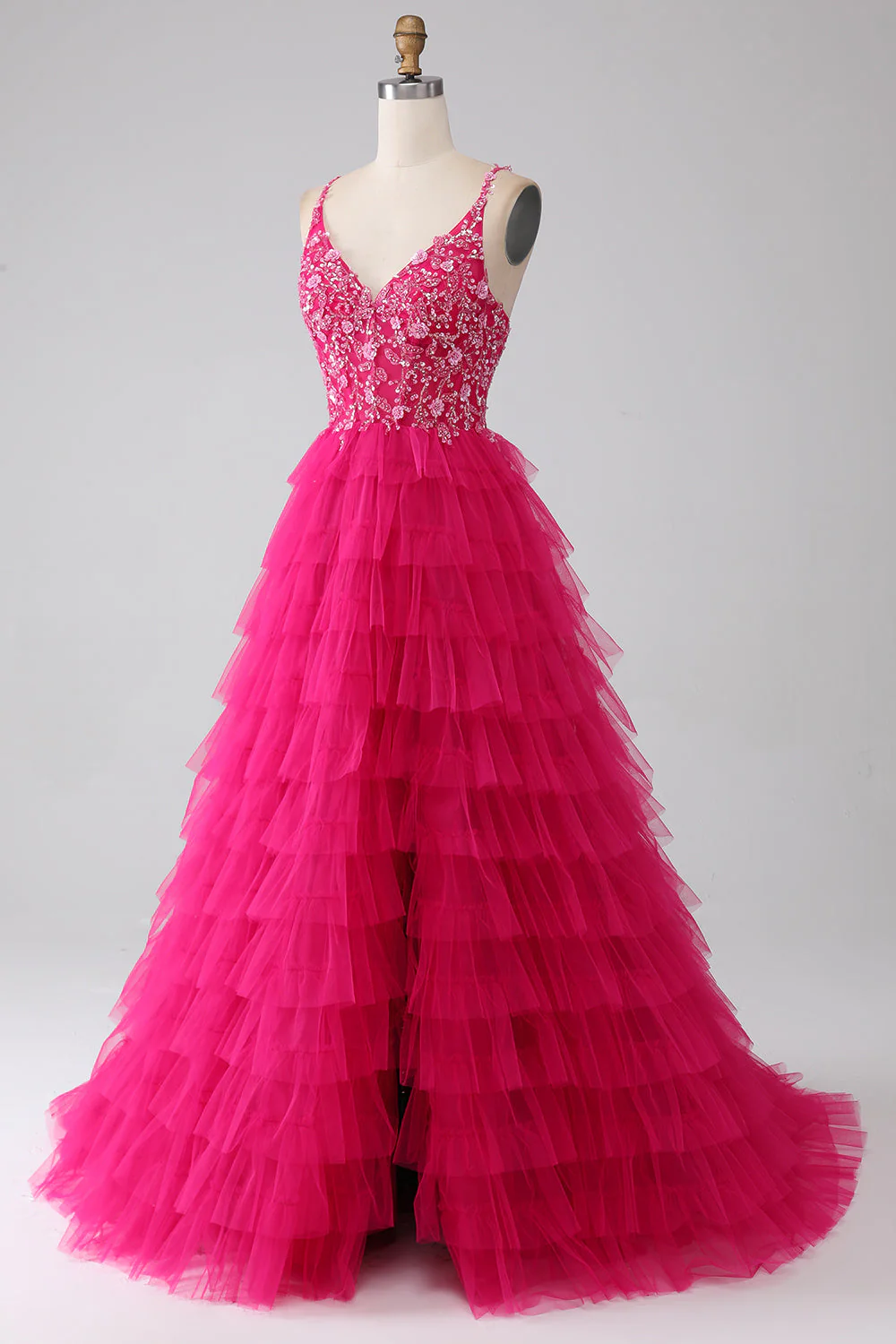 Robe de Soirée longue princesse fuchsia à bretelles spaghetti et paillettes à plusieurs niveaux avec fente - Image 5