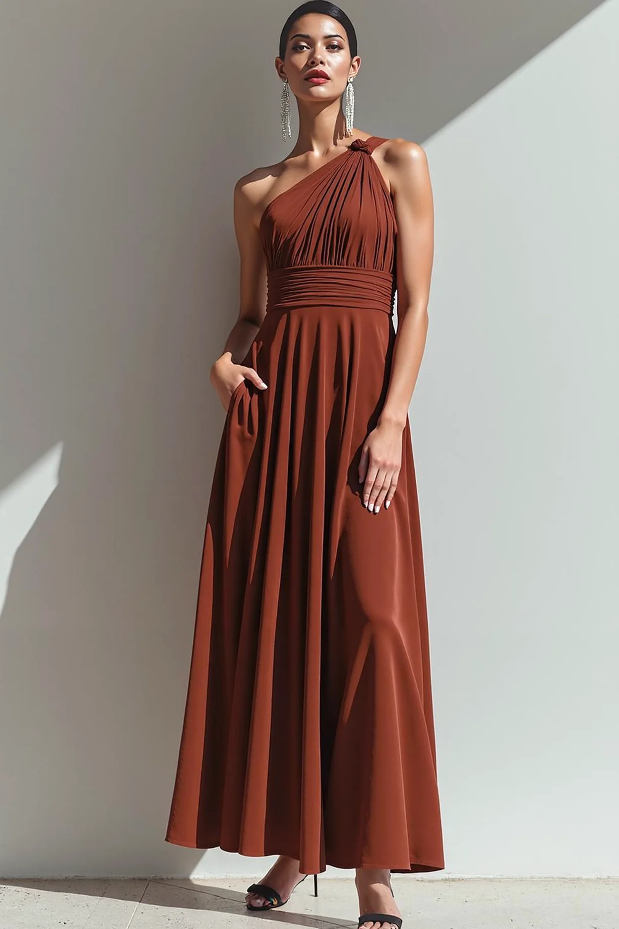 Robe de soirée maxi trapèze à une épaule en terre cuite avec poche